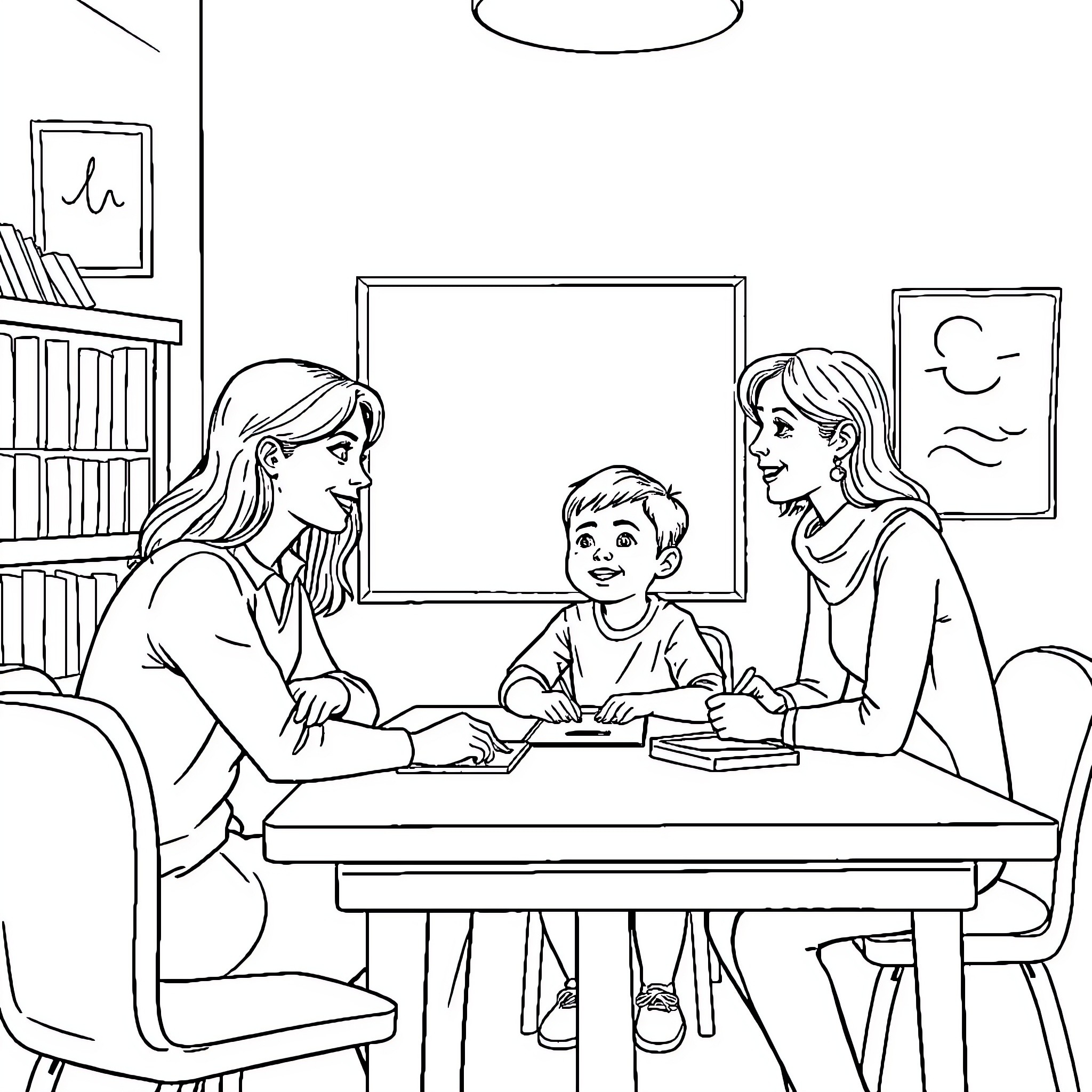 Translator assisting student with learning materials Coloring Page (free black-and-white line drawing printable PDF for all, from beginners to advanced learners, including children, teens, adults, and seniors)