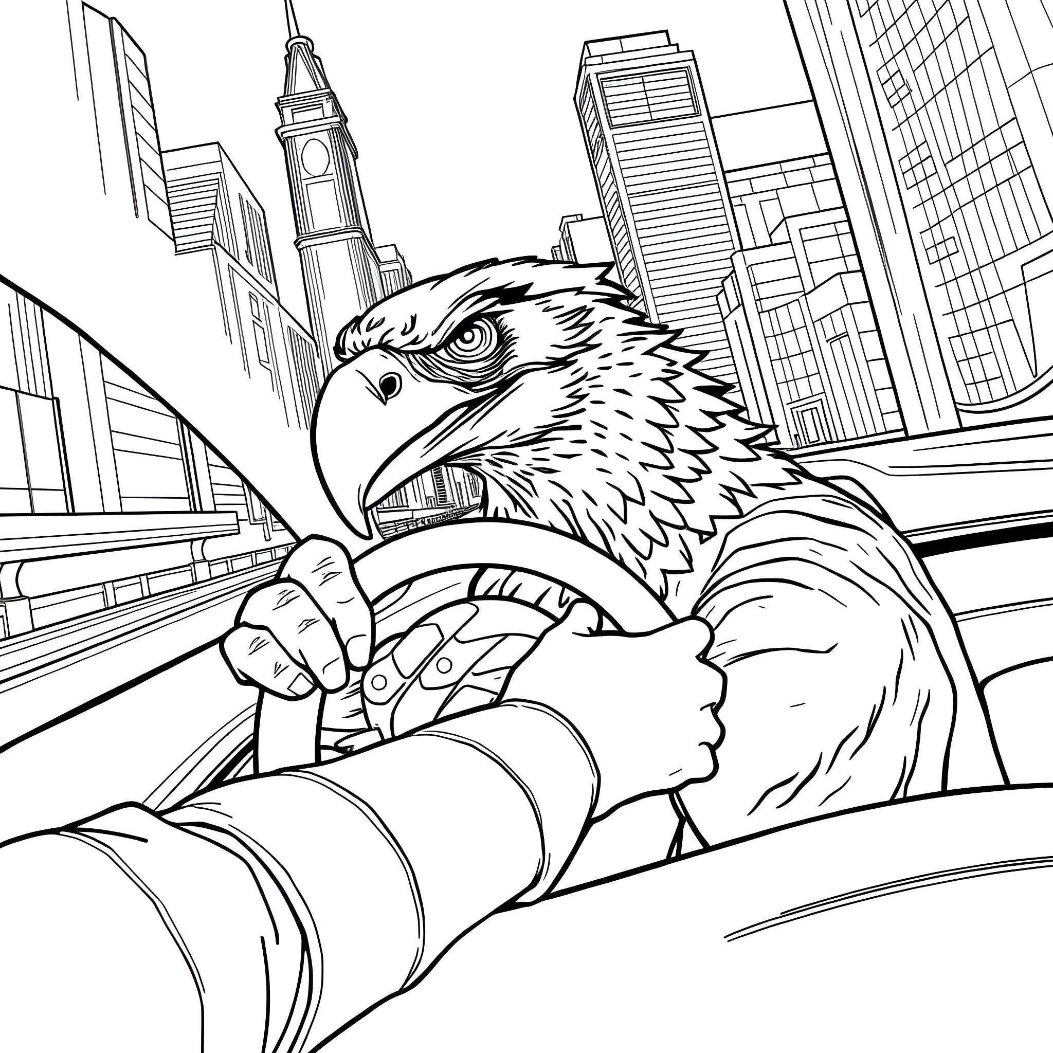 Raptor Soaring Through the Cityscape Coloring Page (free black-and-white line drawing printable PDF for all, from beginners to advanced learners, including children, teens, adults, and seniors)