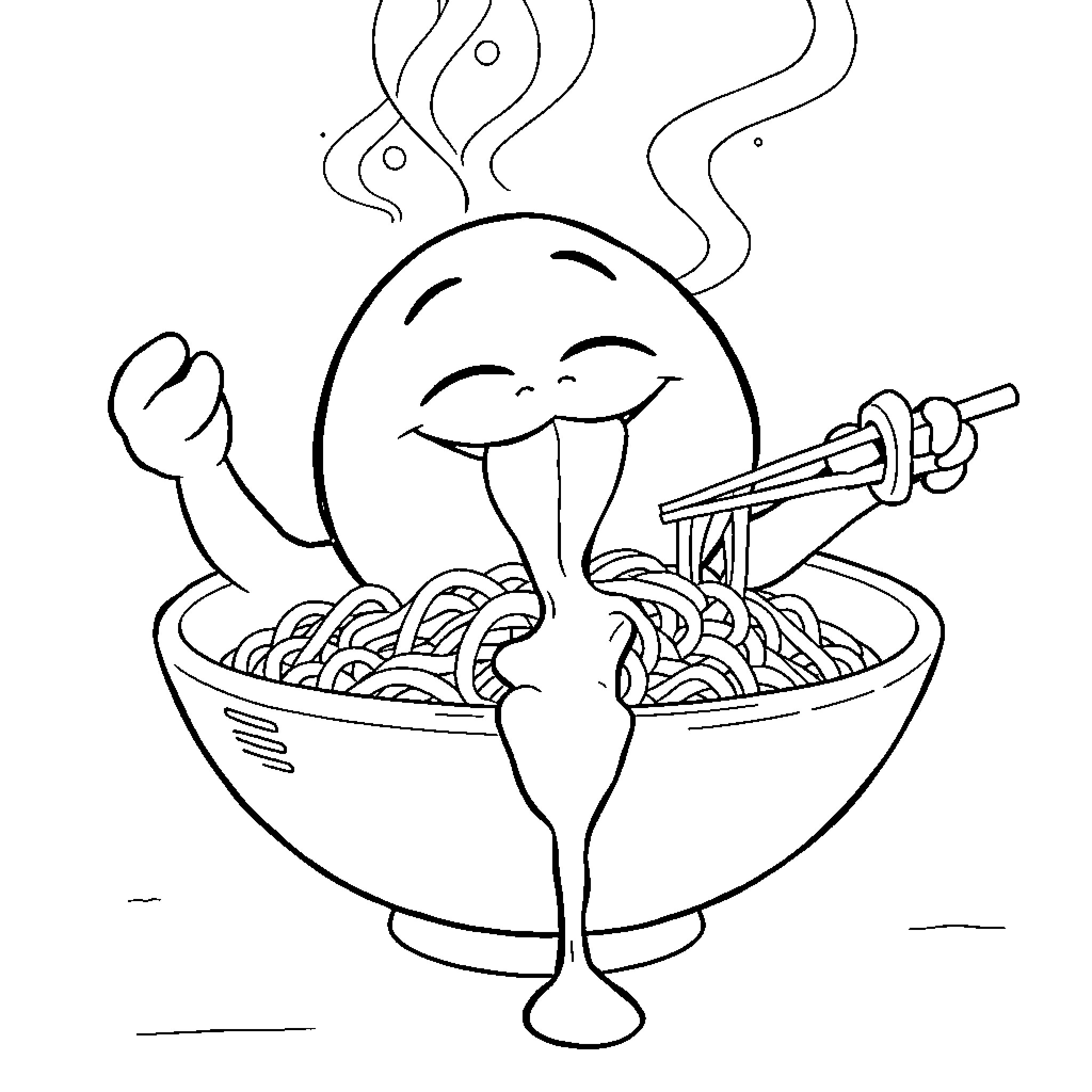 Gumball character enjoying a bowl of noodles Coloring Page (free black-and-white line drawing printable PDF for all, from beginners to advanced learners, including children, teens, adults, and seniors)