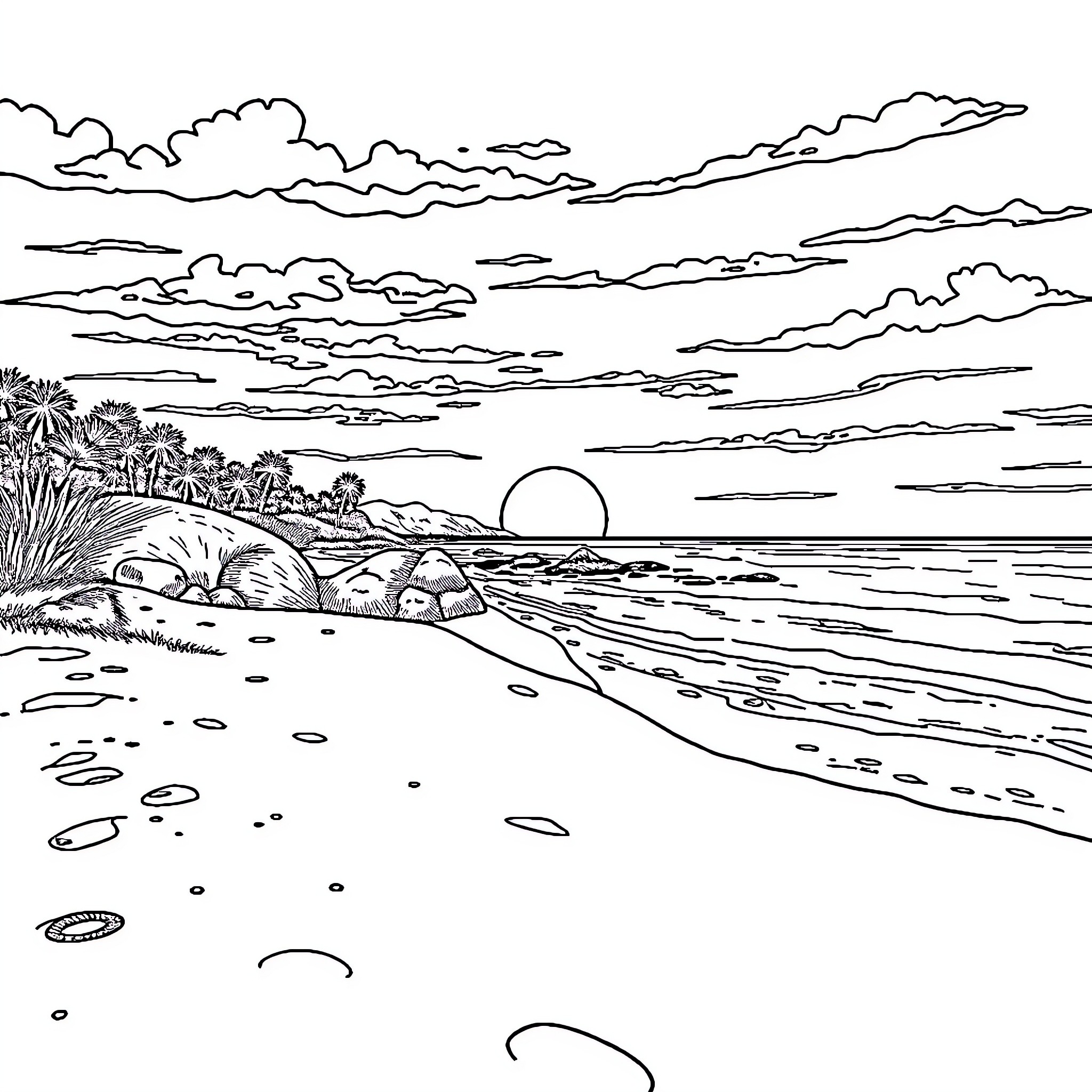 Beach sunset with palm trees and clouds Coloring Page (free black-and-white line drawing printable PDF for all, from beginners to advanced learners, including children, teens, adults, and seniors)