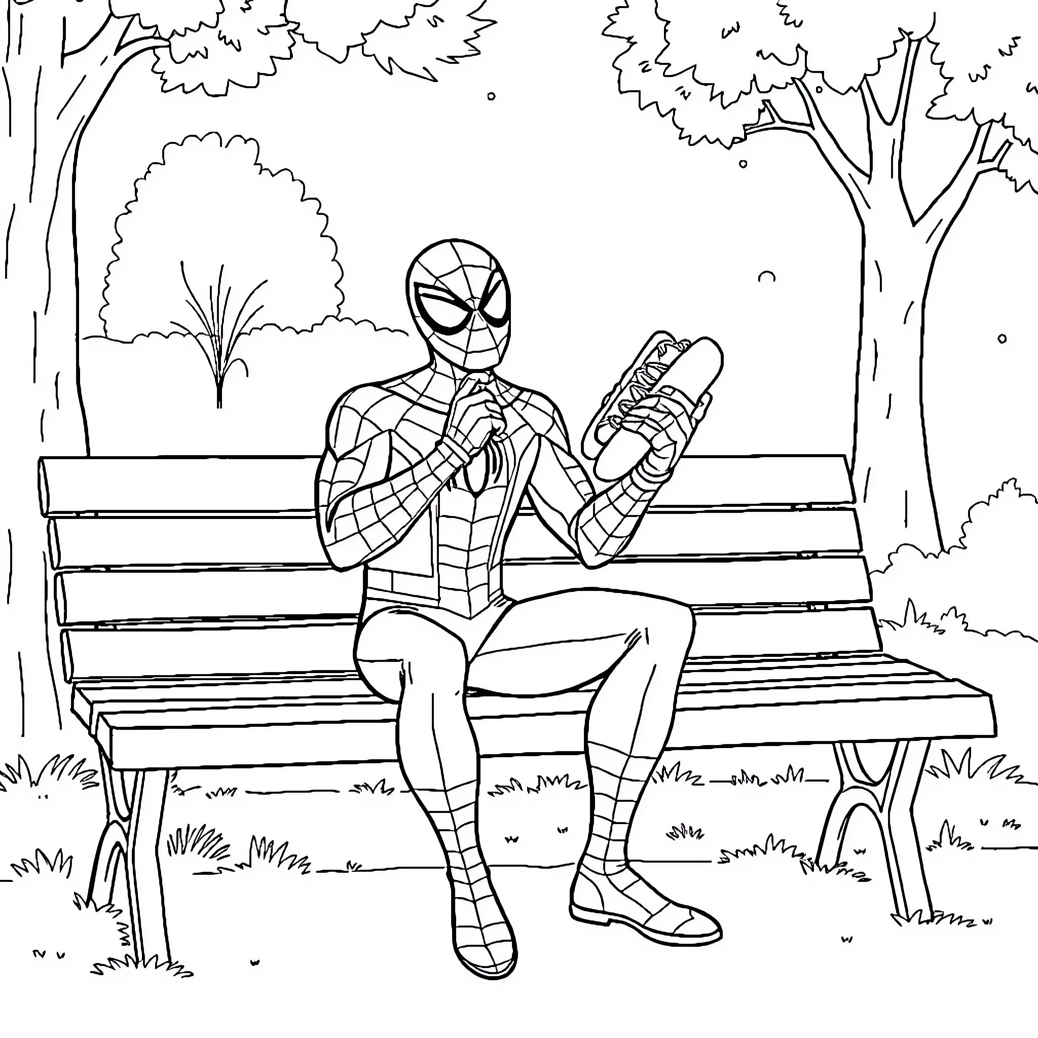Spiderman relaxing on a park bench Coloring Page (free black-and-white line drawing printable PDF for all, from beginners to advanced learners, including children, teens, adults, and seniors)