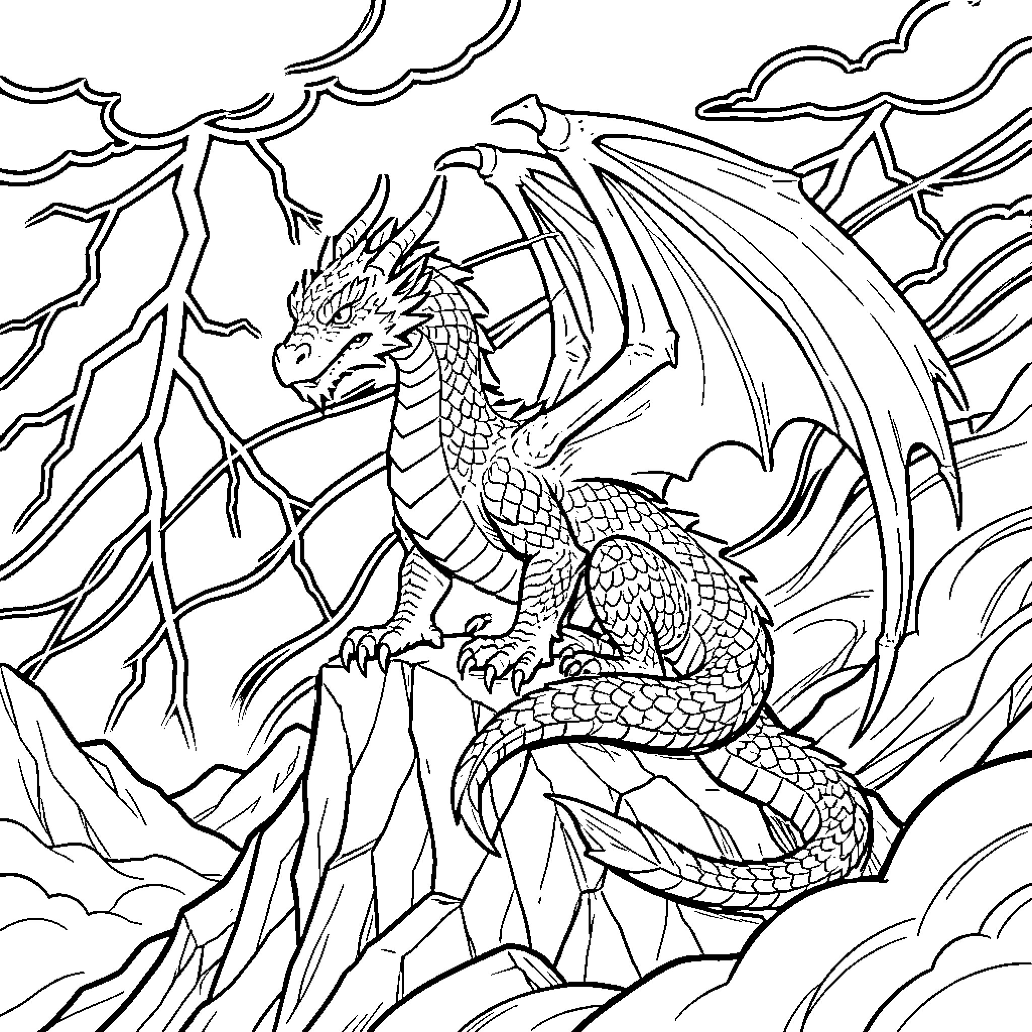 Dragon perched majestically on a rocky mountain peak Coloring Page (free black-and-white line drawing printable PDF for all, from beginners to advanced learners, including children, teens, adults, and seniors)