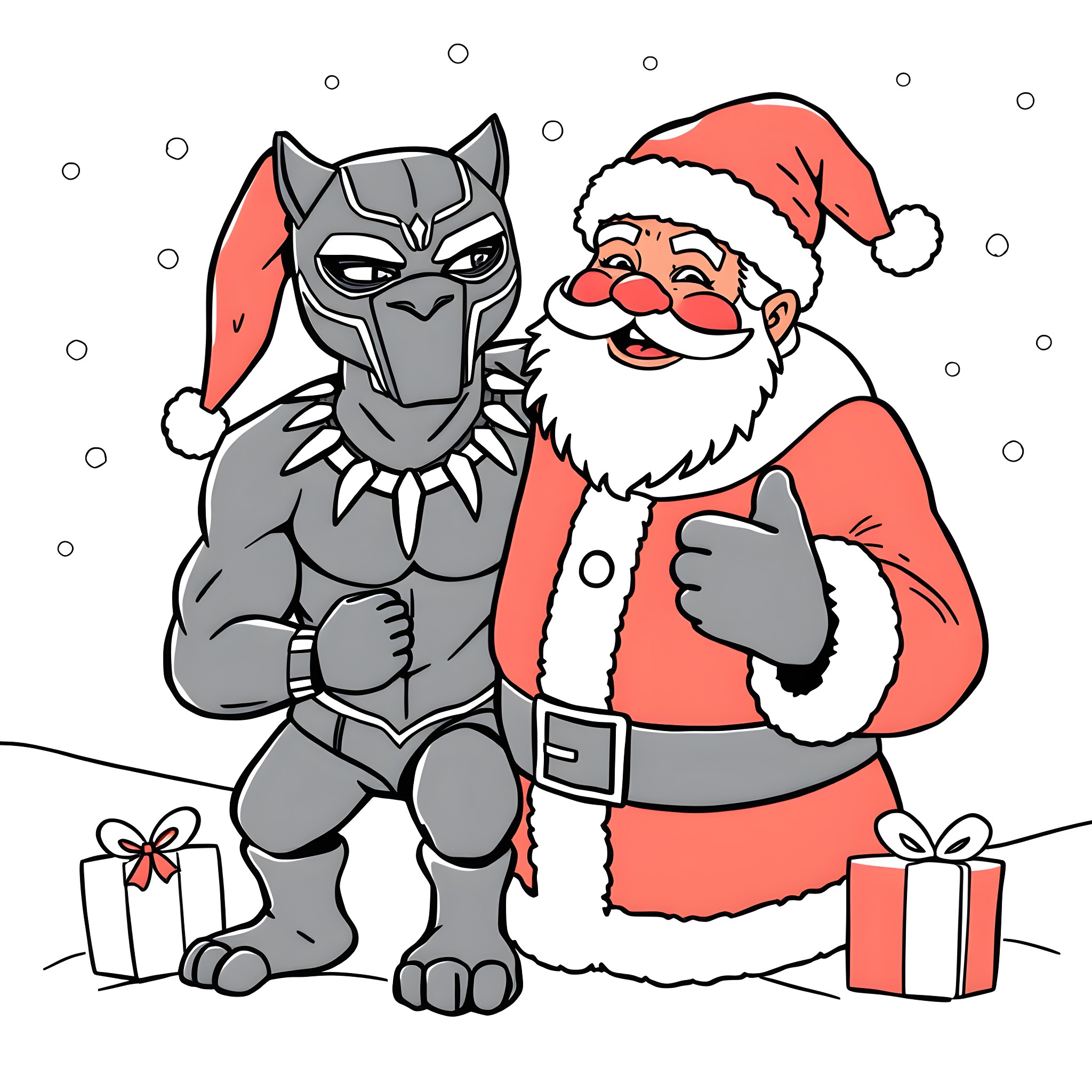 Black Panther and Santa Claus in Winter Wonderland Coloring Page (free black-and-white line drawing printable PDF for all, from beginners to advanced learners, including children, teens, adults, and seniors)