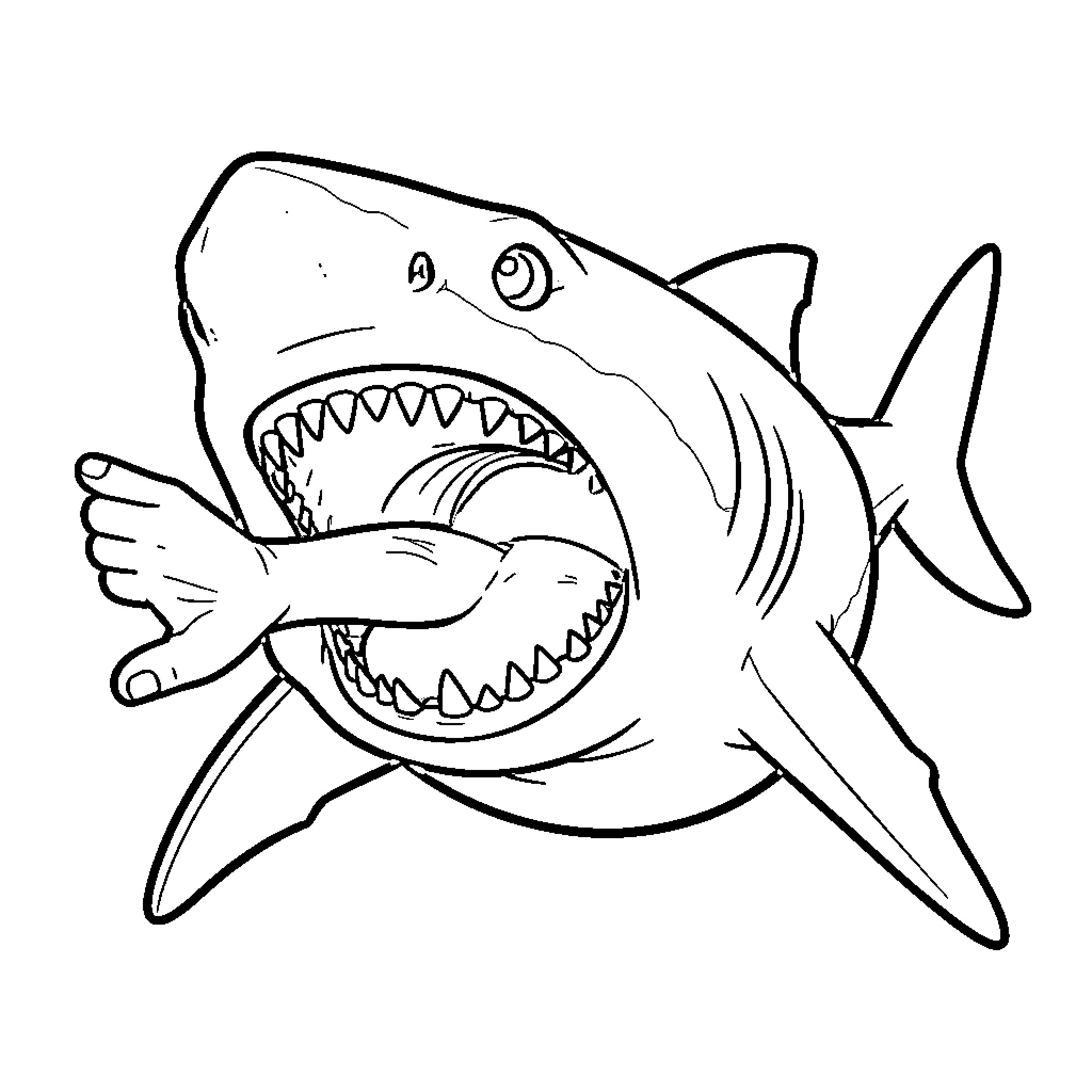 Shark biting a human foot with open jaws Coloring Page (free black-and-white line drawing printable PDF for all, from beginners to advanced learners, including children, teens, adults, and seniors)