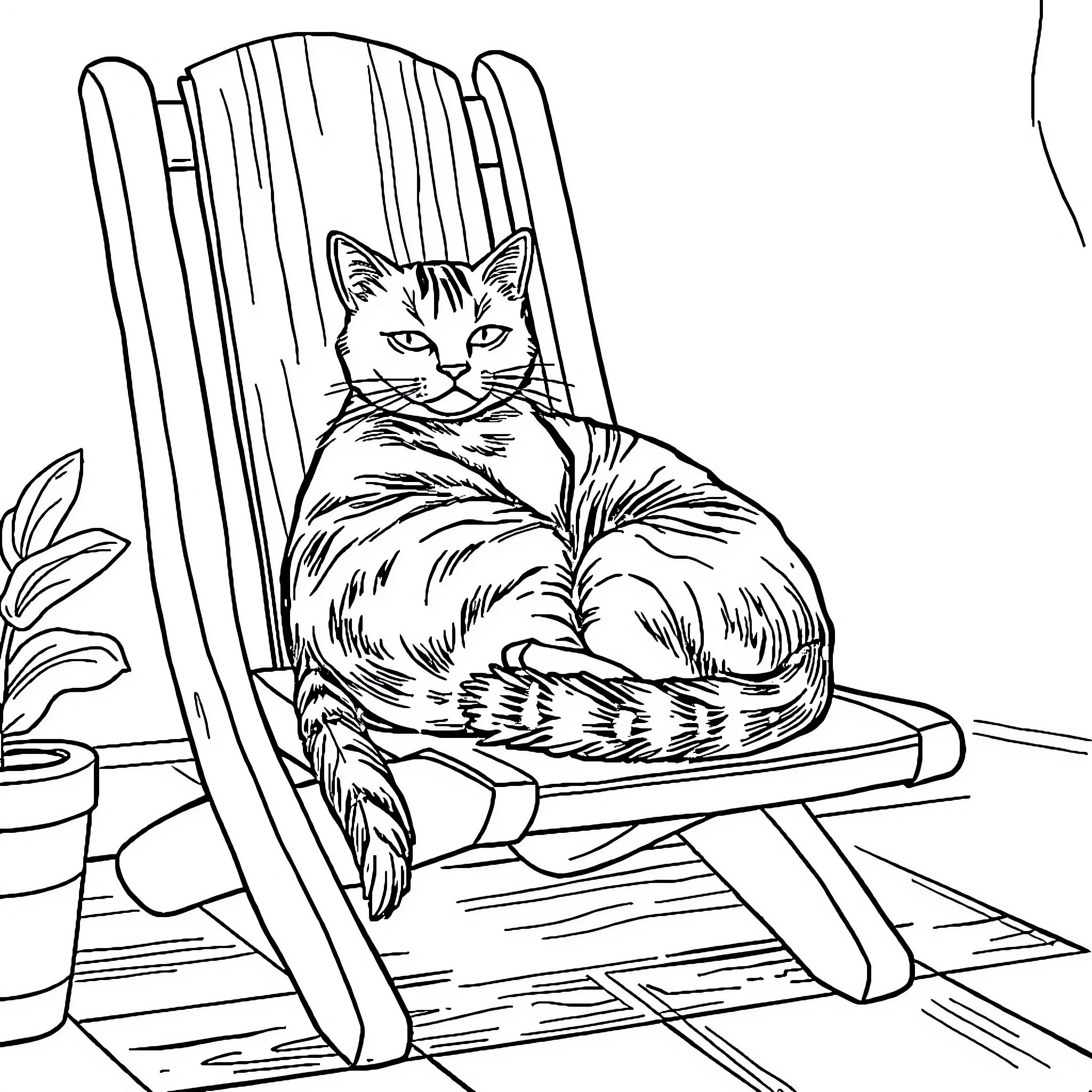 Cat resting comfortably on a wooden chair Coloring Page (free black-and-white line drawing printable PDF for all, from beginners to advanced learners, including children, teens, adults, and seniors)