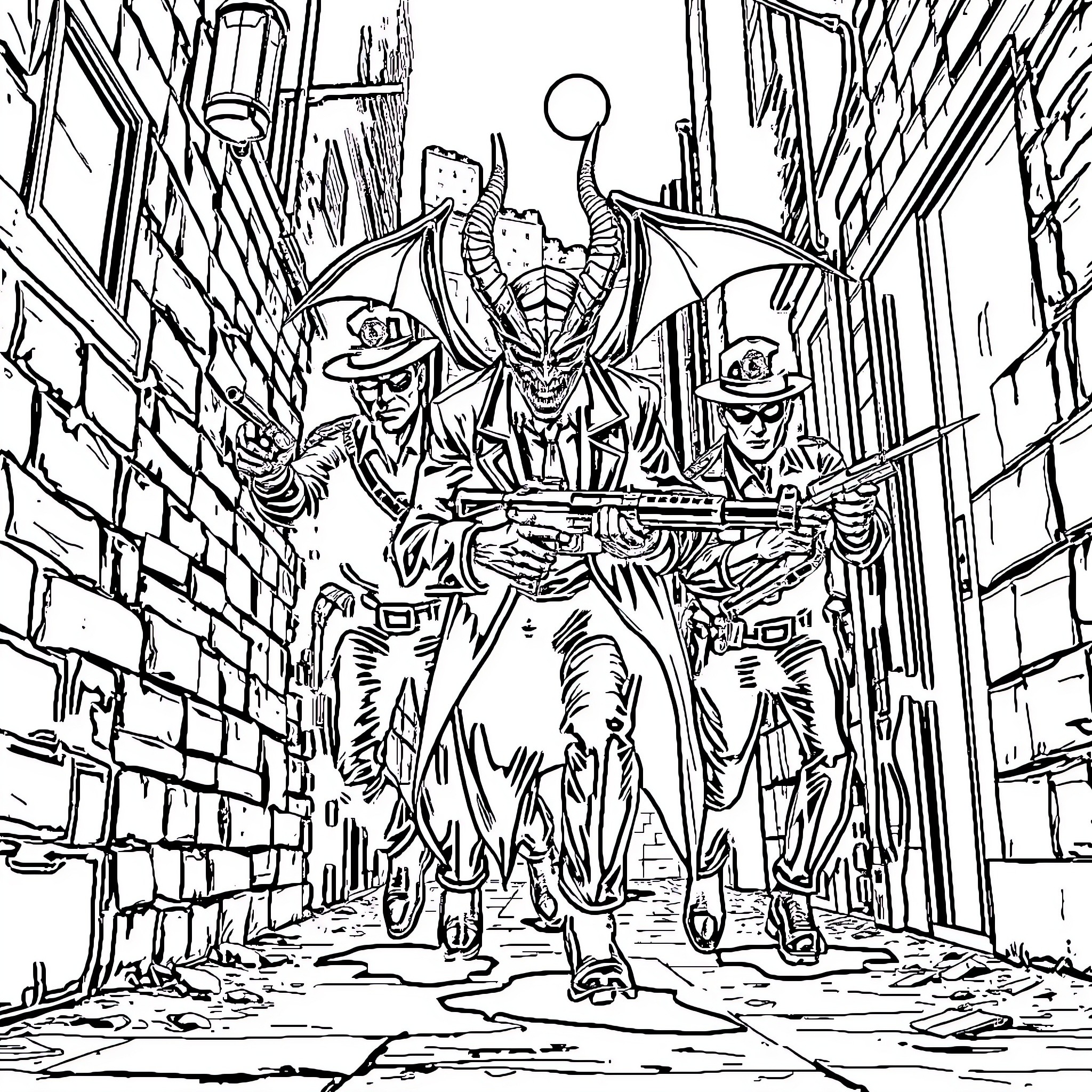 Cop Squad Confronts Supervillain on City Street Coloring Page (free black-and-white line drawing printable PDF for all, from beginners to advanced learners, including children, teens, adults, and seniors)