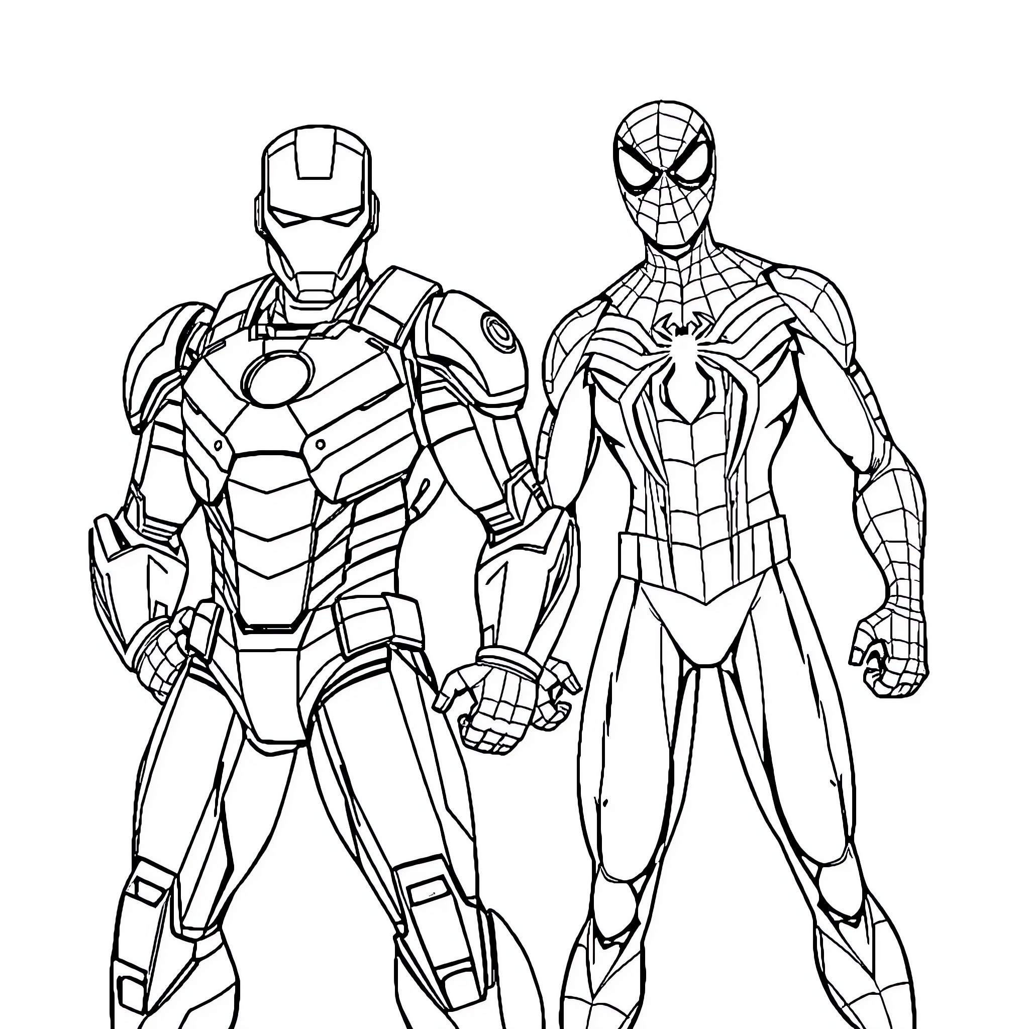 Iron Man and Spider-Man Standing Together Coloring Page (free black-and-white line drawing printable PDF for all, from beginners to advanced learners, including children, teens, adults, and seniors)