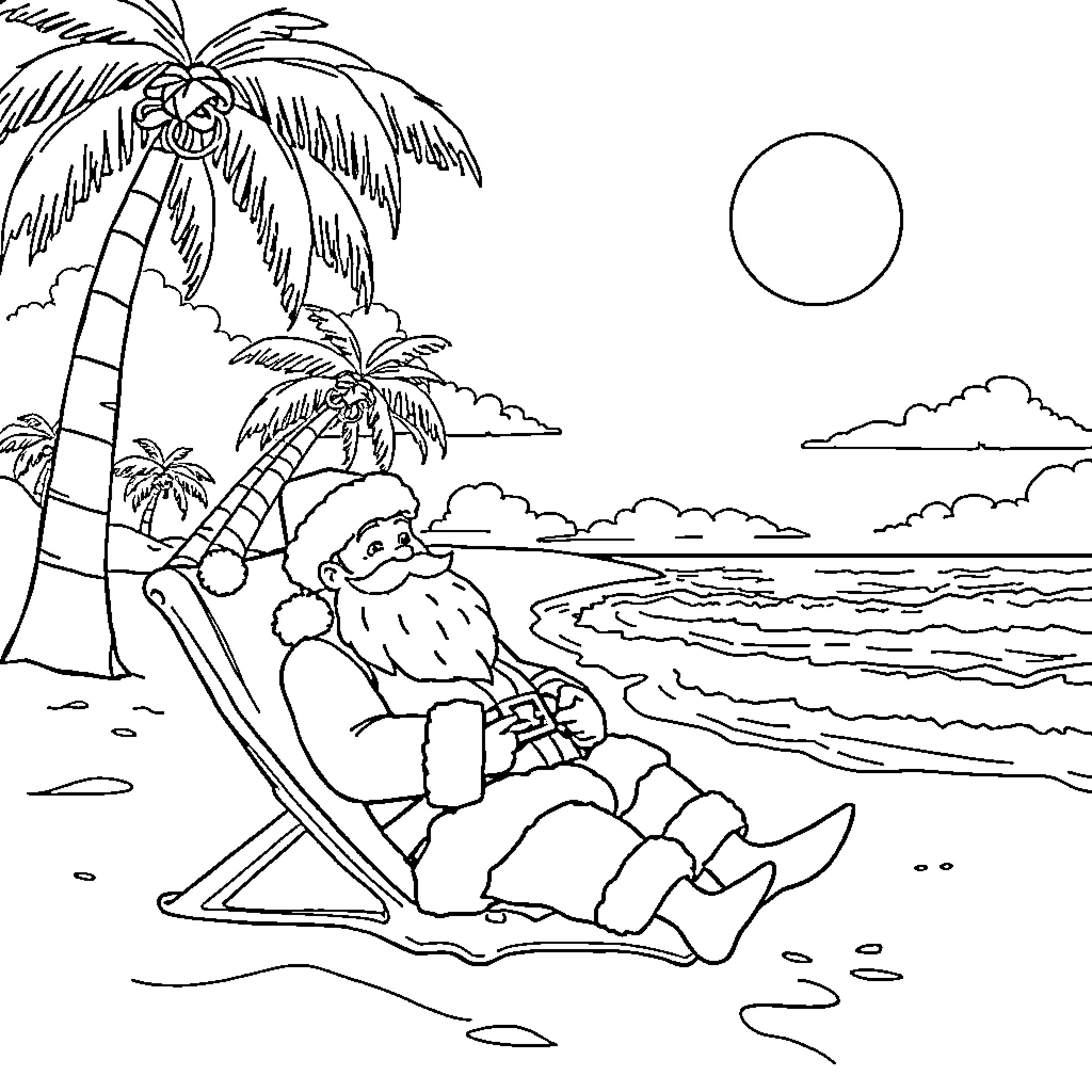 Santa relaxing on the beach under palm trees Coloring Page (free black-and-white line drawing printable PDF for all, from beginners to advanced learners, including children, teens, adults, and seniors)