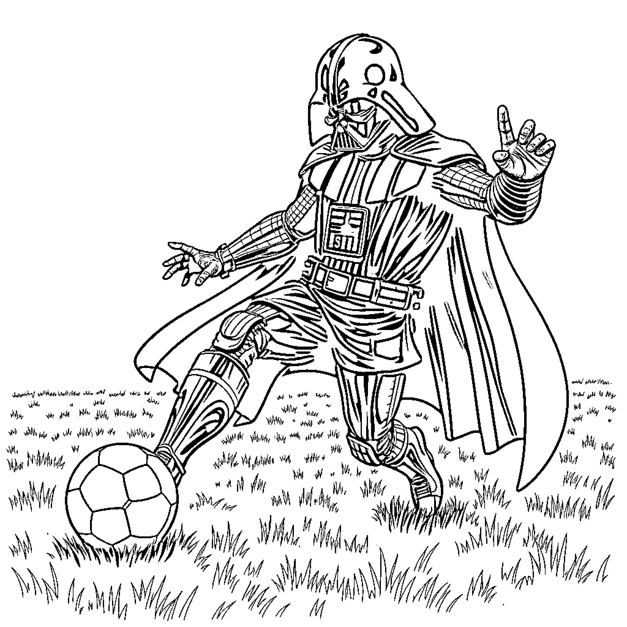 Darth Vader playing with a soccer ball in a field Coloring Page (free black-and-white line drawing printable PDF for all, from beginners to advanced learners, including children, teens, adults, and seniors)