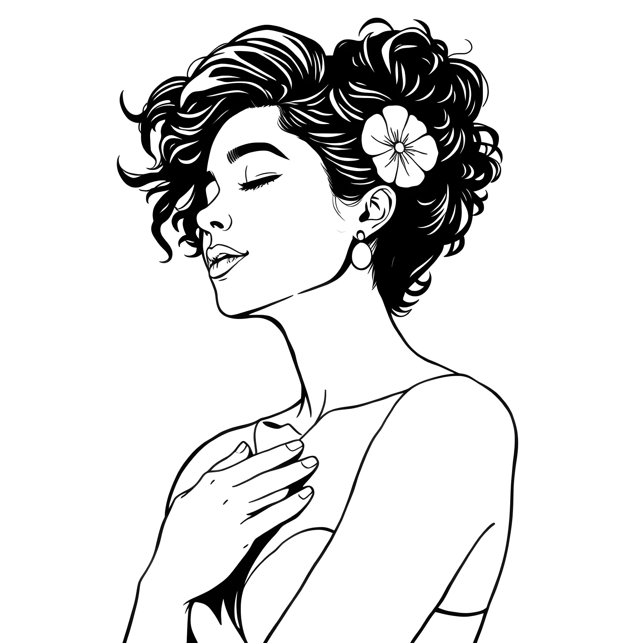 Woman with Stylized Curly Hair and Floral Accessory Coloring Page (free black-and-white line drawing printable PDF for all, from beginners to advanced learners, including children, teens, adults, and seniors)