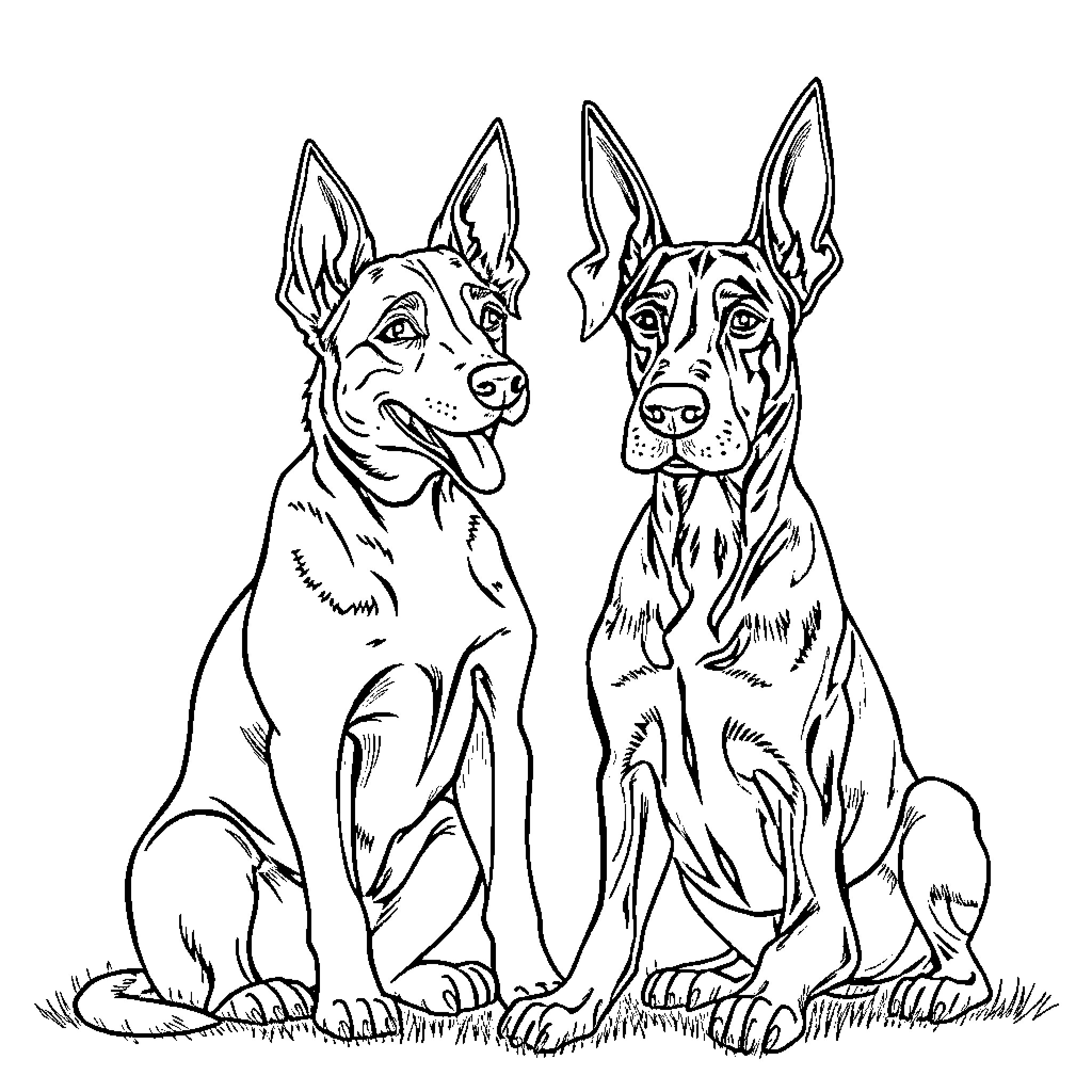 Dogs sitting together outdoors Coloring Page (free black-and-white line drawing printable PDF for all, from beginners to advanced learners, including children, teens, adults, and seniors)