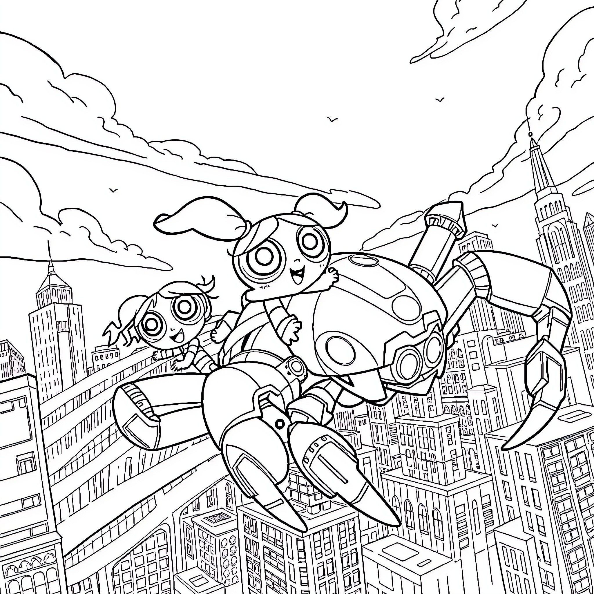 Powerpuff Girls flying over the city skyline Coloring Page (free black-and-white line drawing printable PDF for all, from beginners to advanced learners, including children, teens, adults, and seniors)