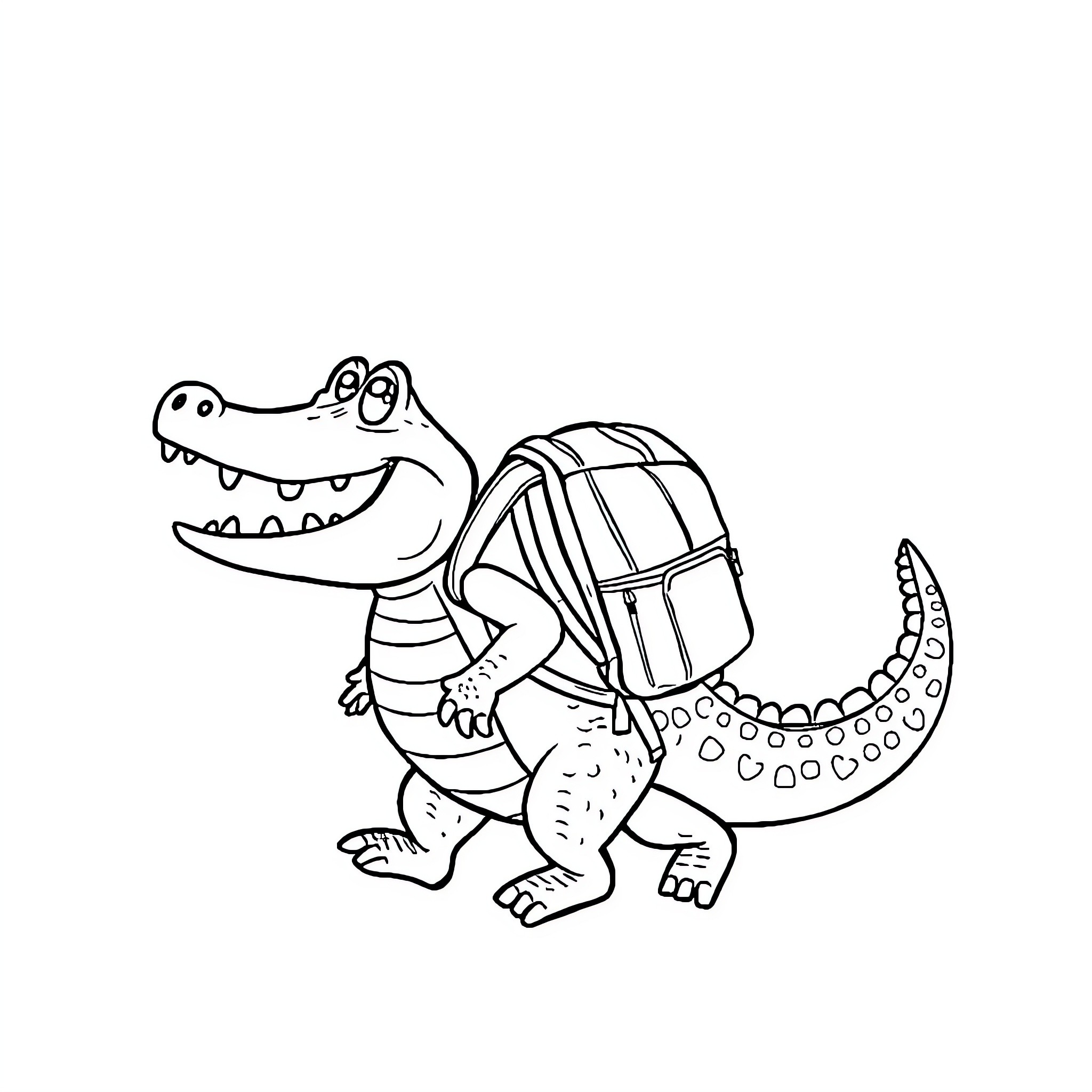 Alligator carrying a backpack on an adventure Coloring Page (free black-and-white line drawing printable PDF for all, from beginners to advanced learners, including children, teens, adults, and seniors)
