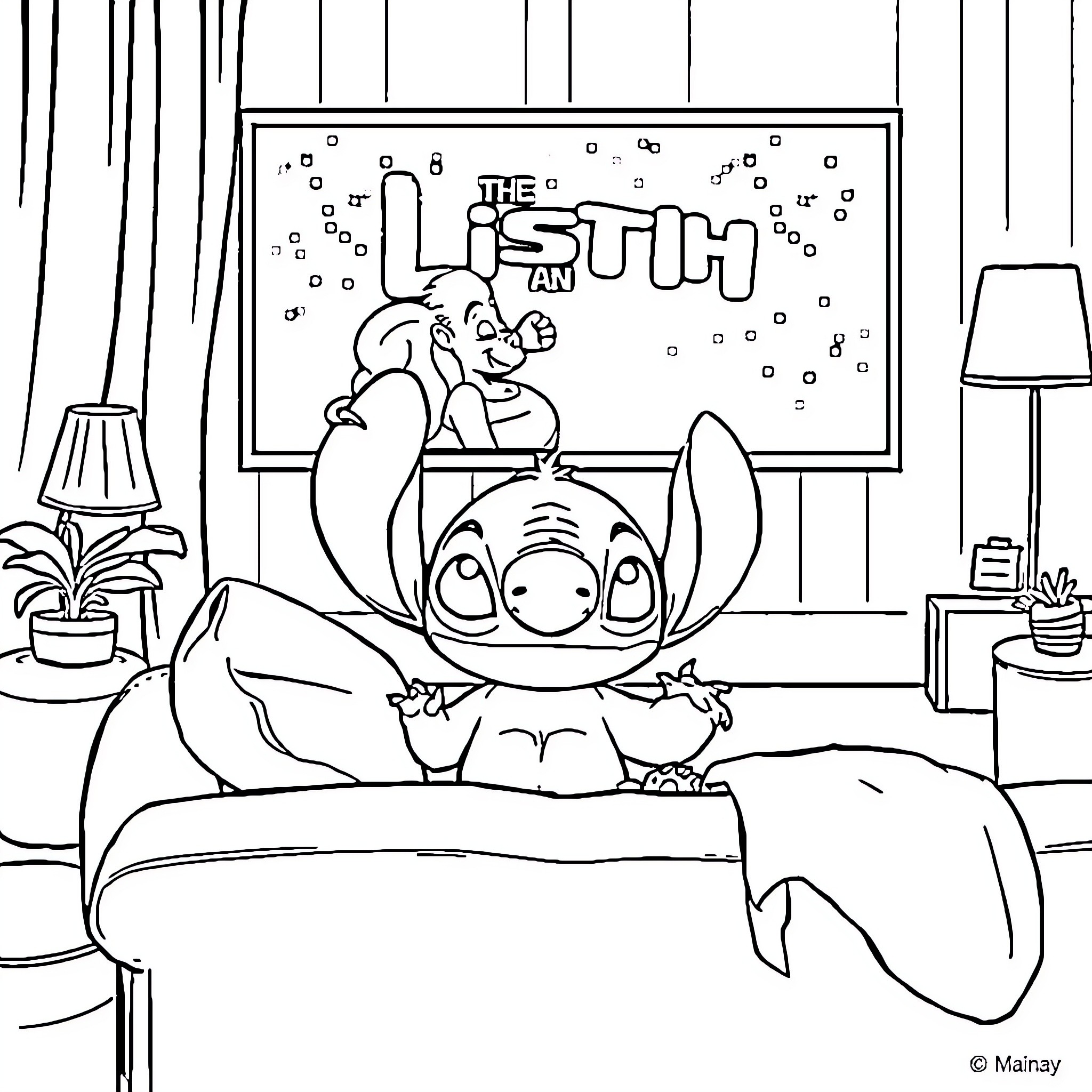 Stitch watching a colorful screen in a cozy room Coloring Page (free black-and-white line drawing printable PDF for all, from beginners to advanced learners, including children, teens, adults, and seniors)