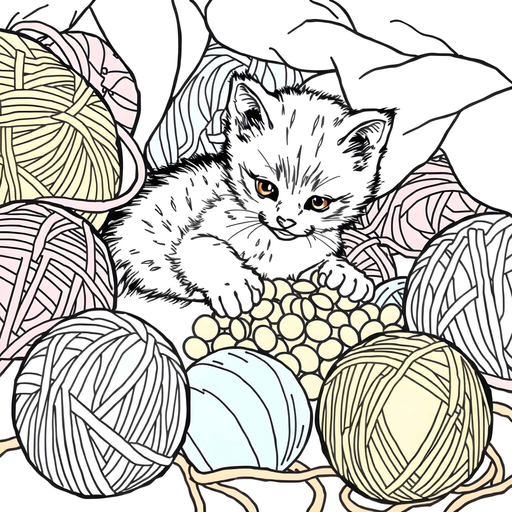 Kitten playing amid yarn balls Coloring Page (free black-and-white line drawing printable PDF for all, from beginners to advanced learners, including children, teens, adults, and seniors)