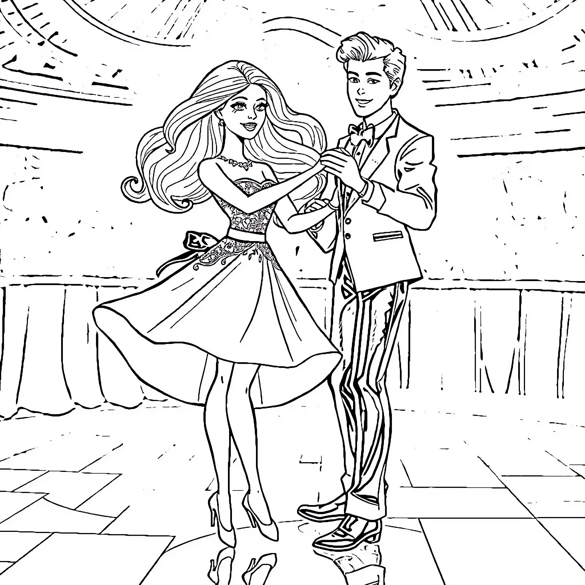 Barbie and Ken dancing at a formal event Coloring Page (free black-and-white line drawing printable PDF for all, from beginners to advanced learners, including children, teens, adults, and seniors)