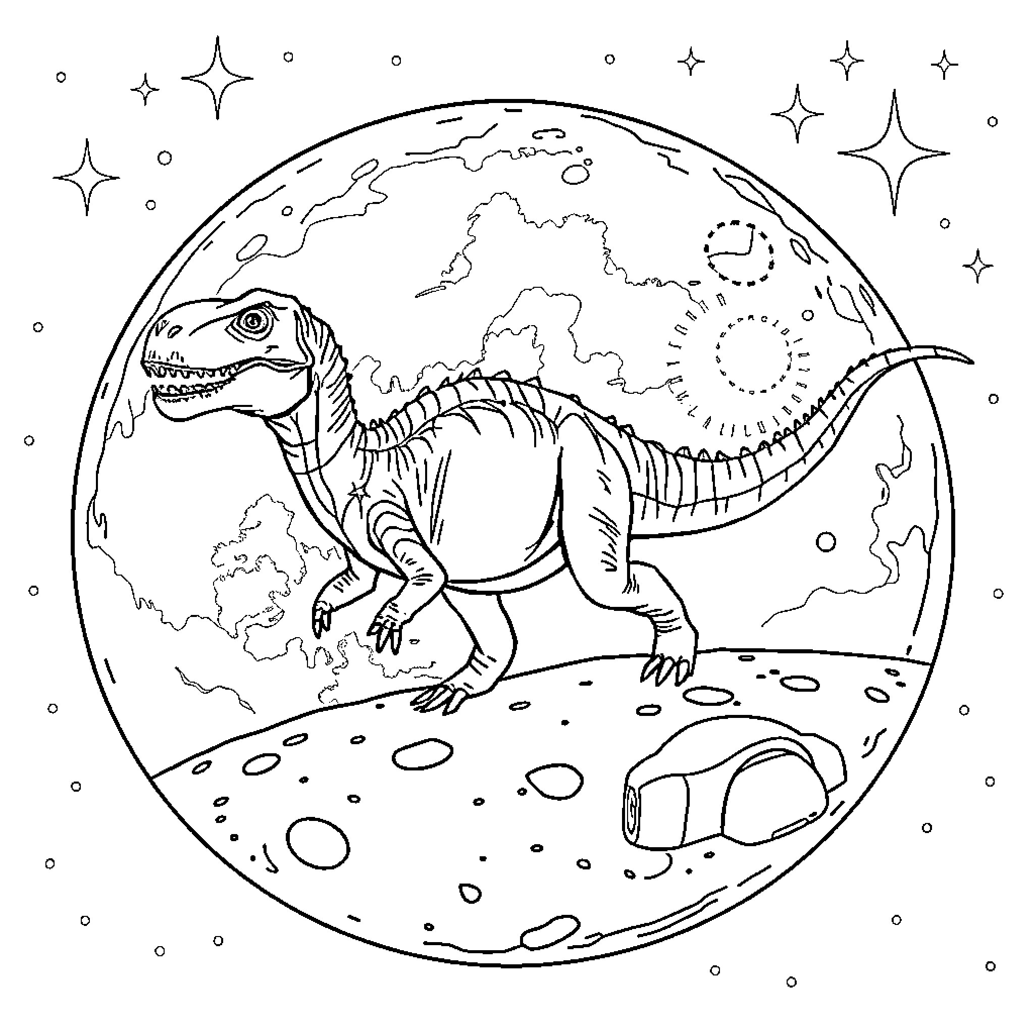 Dinosaur exploring the cosmic landscape Coloring Page (free black-and-white line drawing printable PDF for all, from beginners to advanced learners, including children, teens, adults, and seniors)