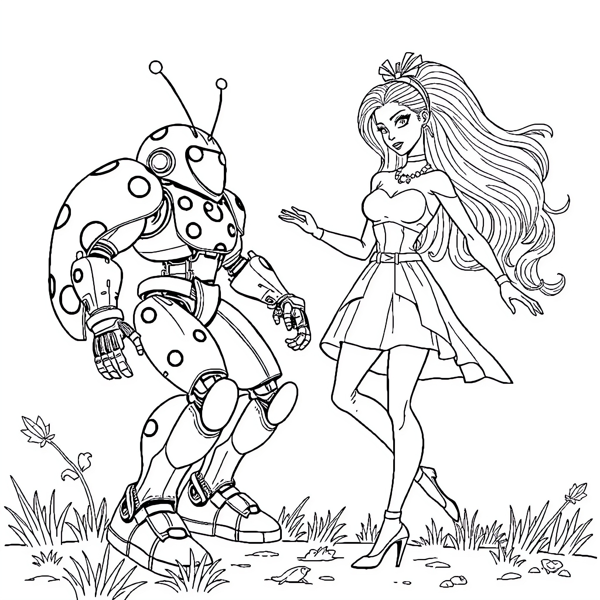 Ladybug robot meeting a stylish young woman Coloring Page (free black-and-white line drawing printable PDF for all, from beginners to advanced learners, including children, teens, adults, and seniors)