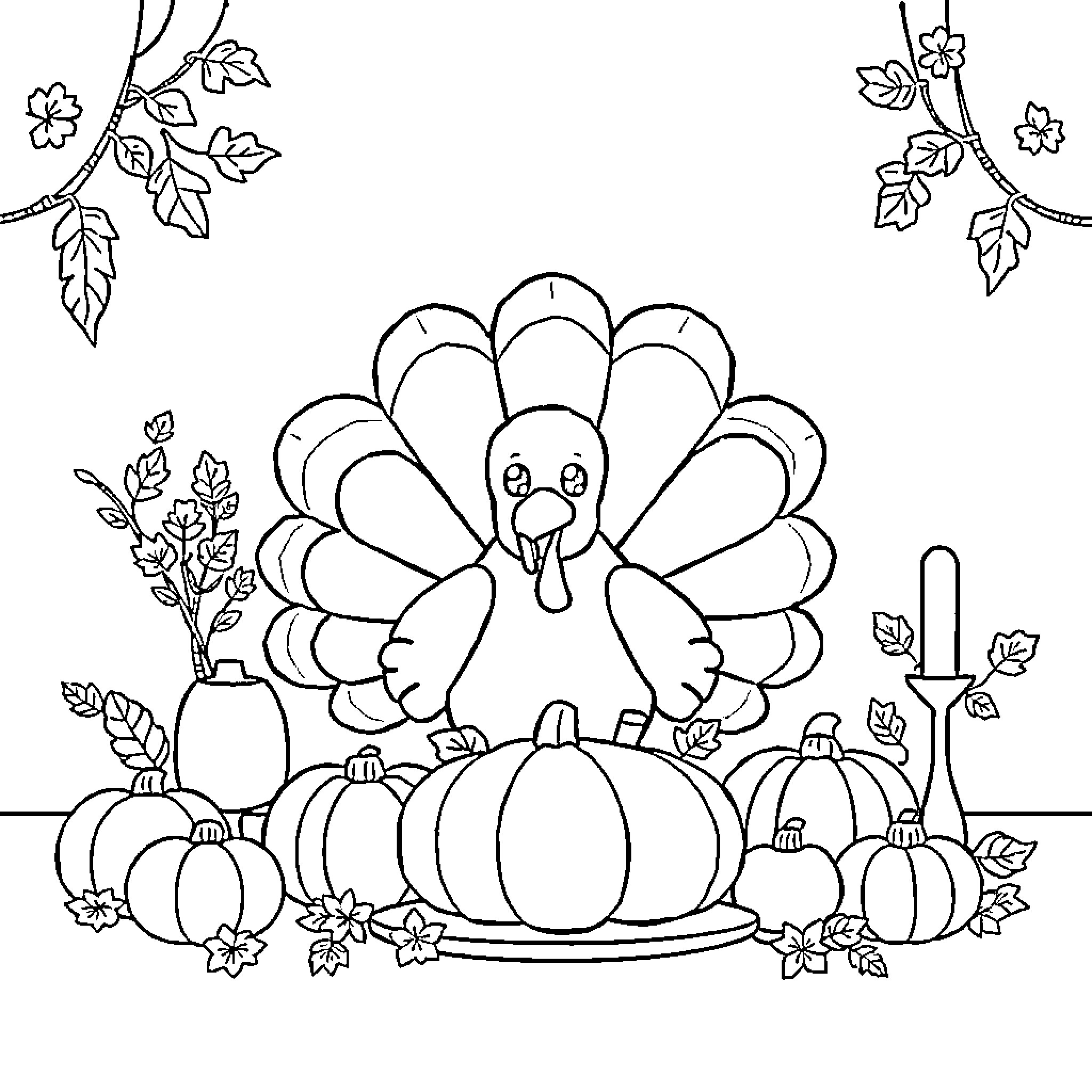 Thanksgiving Turkey and Pumpkins Coloring Page (free black-and-white line drawing printable PDF for all, from beginners to advanced learners, including children, teens, adults, and seniors)