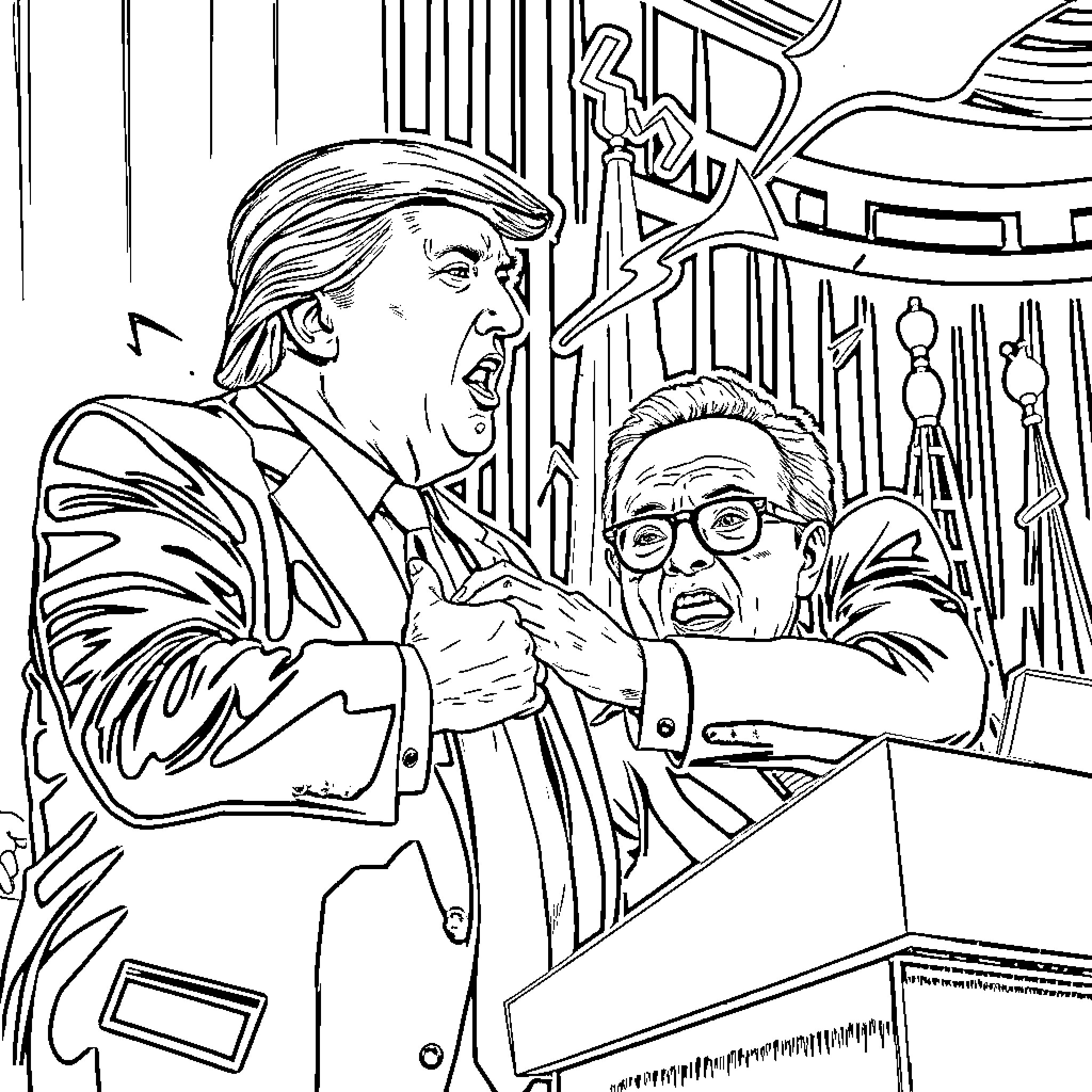 Trump Engaging in Heated Debate with Political Rival Coloring Page (free black-and-white line drawing printable PDF for all, from beginners to advanced learners, including children, teens, adults, and seniors)