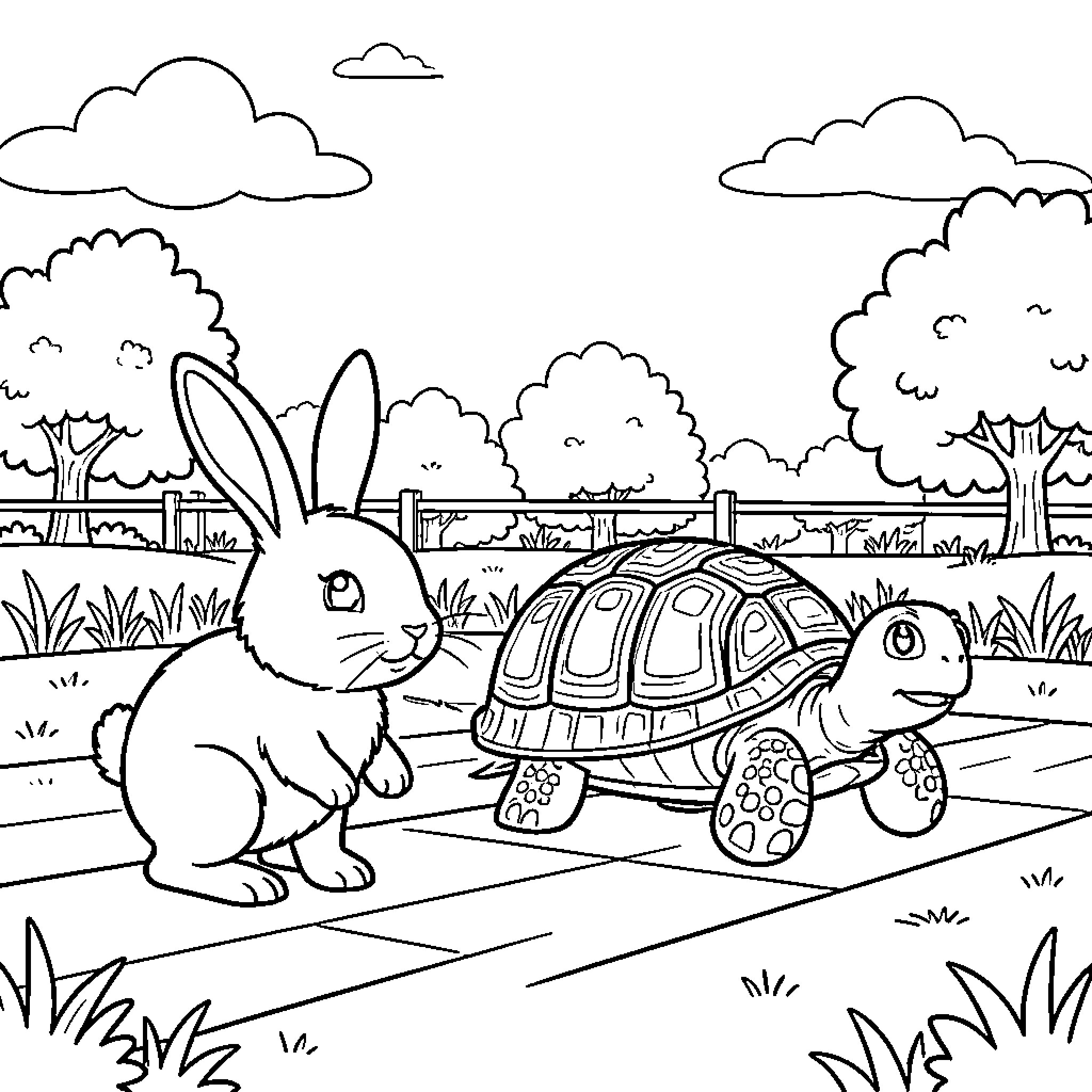 Rabbit watching a tortoise walk along a path Coloring Page (free black-and-white line drawing printable PDF for all, from beginners to advanced learners, including children, teens, adults, and seniors)
