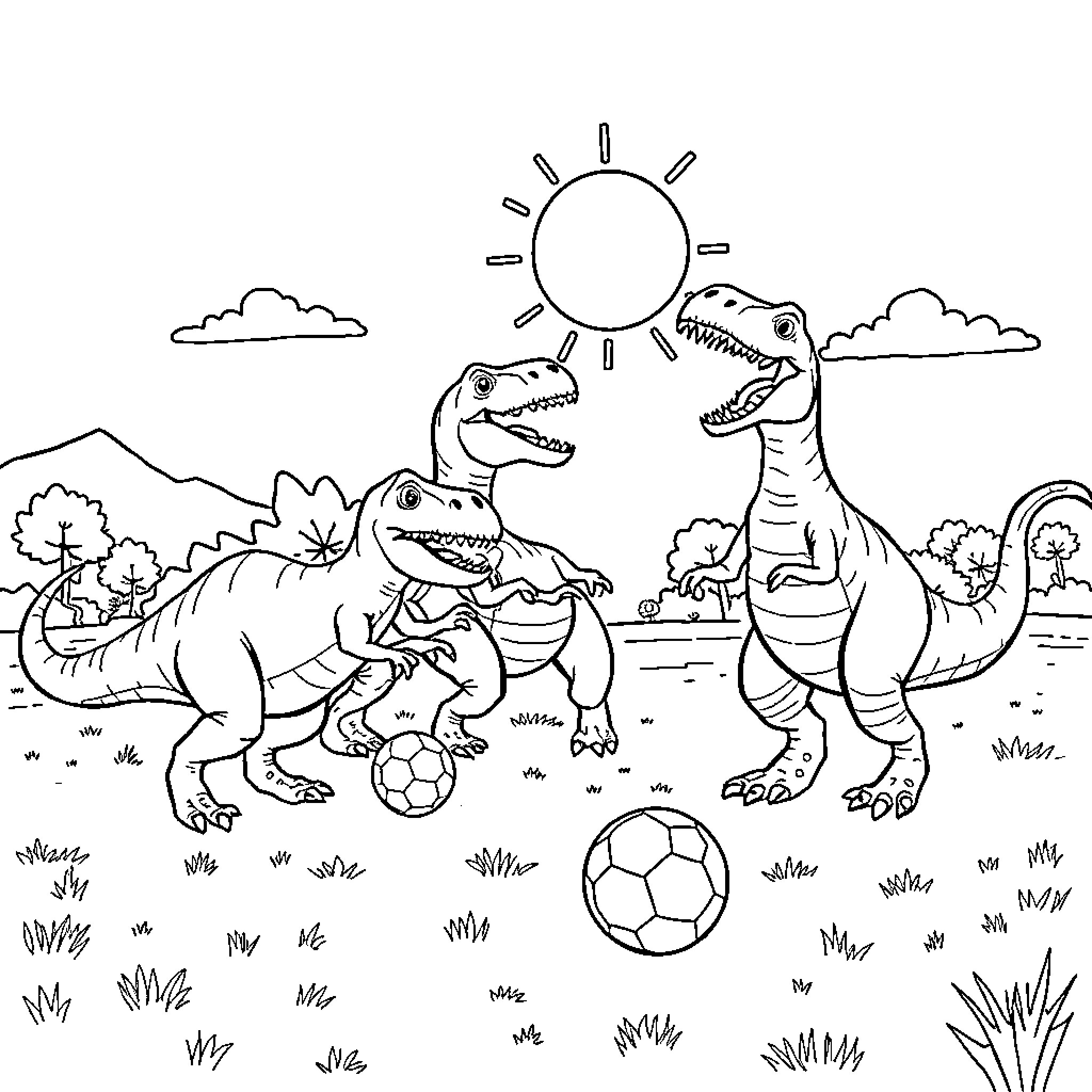 Dinosaurs playing with a soccer ball in the park Coloring Page (free black-and-white line drawing printable PDF for all, from beginners to advanced learners, including children, teens, adults, and seniors)