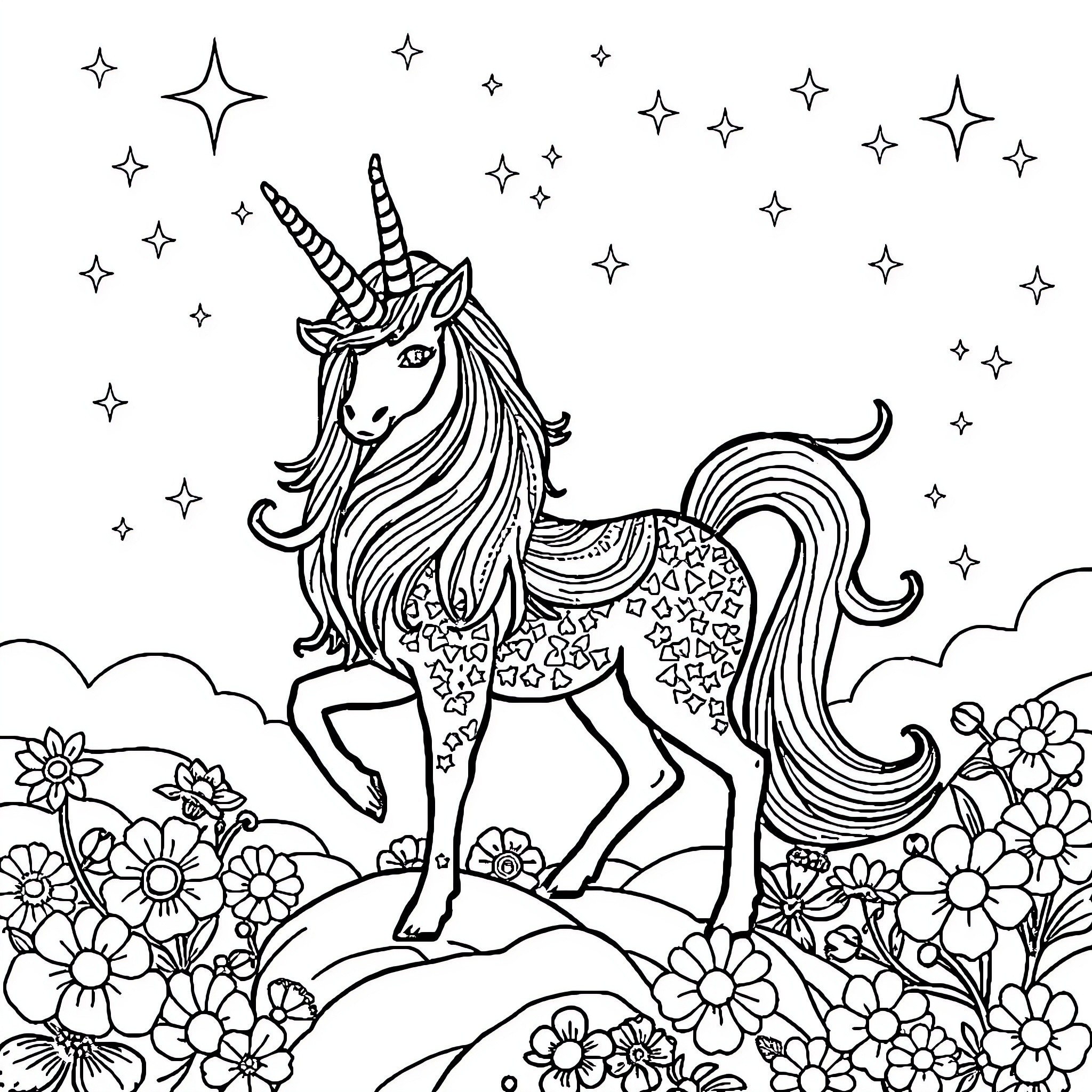 Unicorn prancing through a magical flower field Coloring Page (free black-and-white line drawing printable PDF for all, from beginners to advanced learners, including children, teens, adults, and seniors)