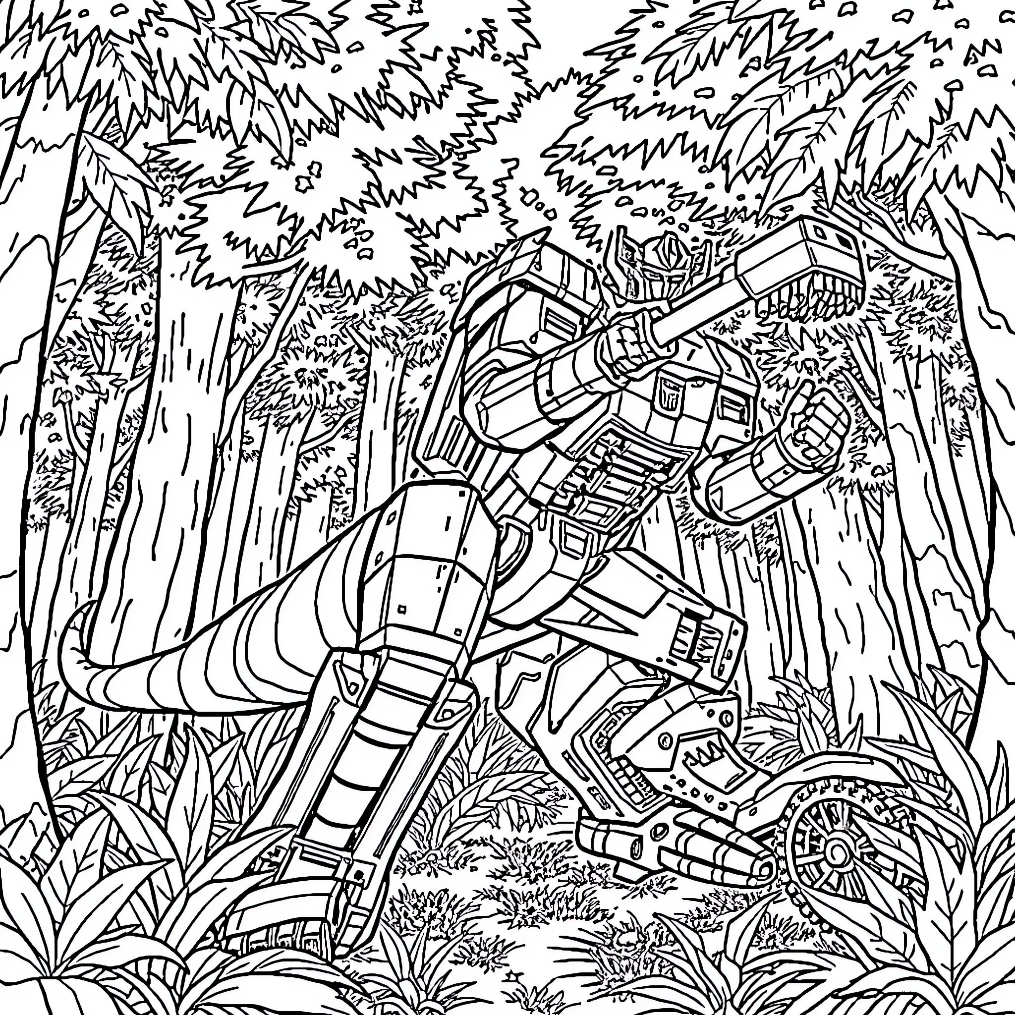 Dinosaur mech crashes through dense jungle foliage Coloring Page (free black-and-white line drawing printable PDF for all, from beginners to advanced learners, including children, teens, adults, and seniors)