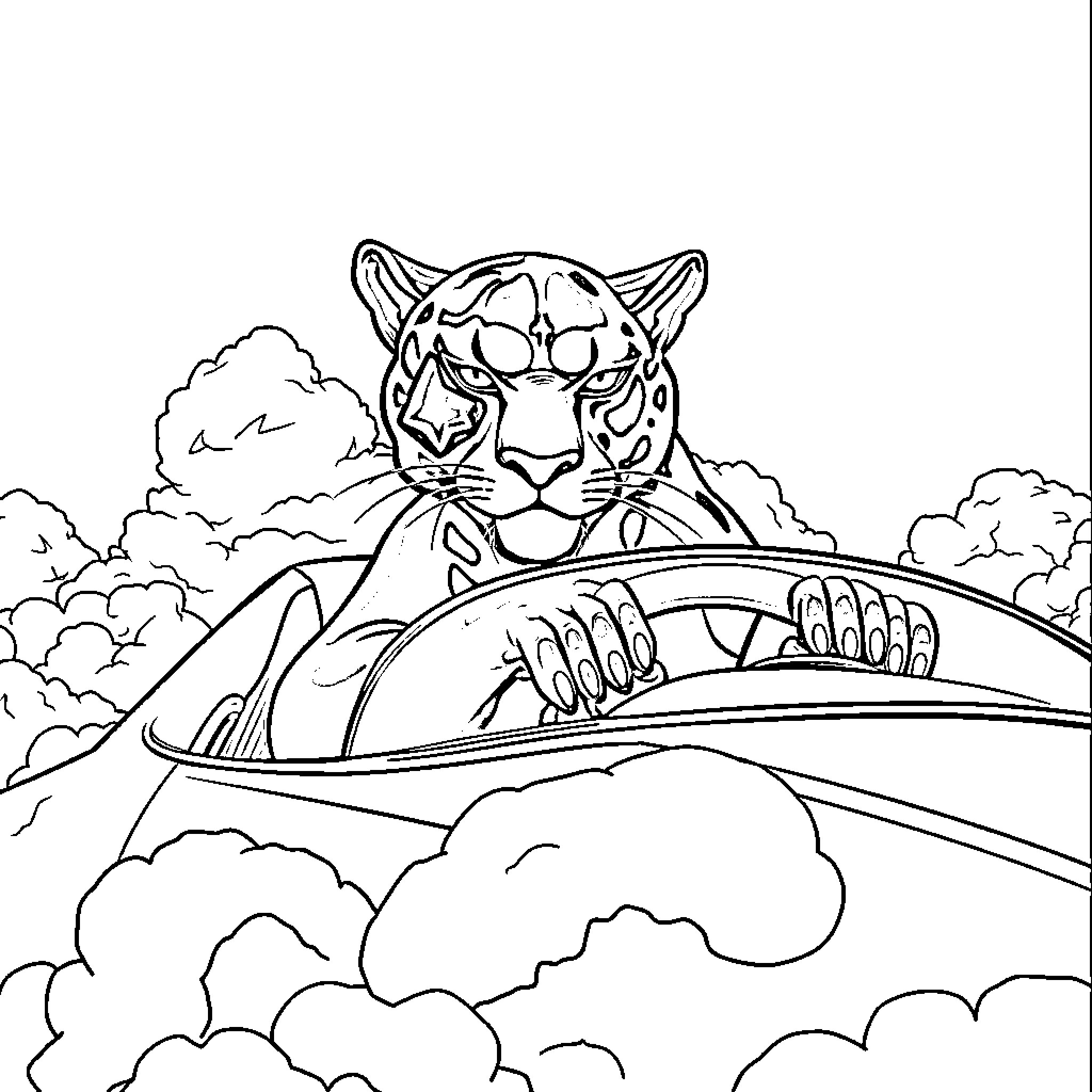 Panther driving high-speed futuristic vehicle through clouds Coloring Page (free black-and-white line drawing printable PDF for all, from beginners to advanced learners, including children, teens, adults, and seniors)
