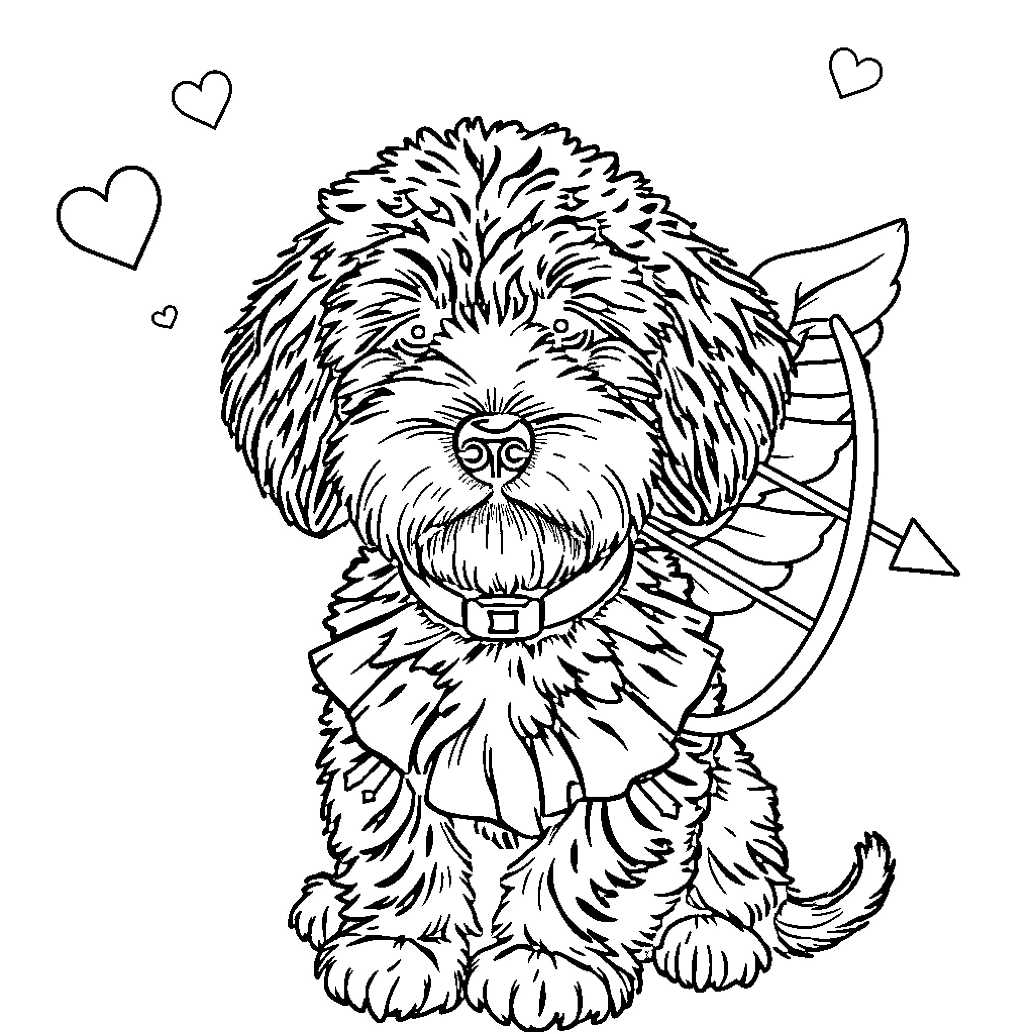 Labradoodle in a festive outfit with hearts Coloring Page (free black-and-white line drawing printable PDF for all, from beginners to advanced learners, including children, teens, adults, and seniors)