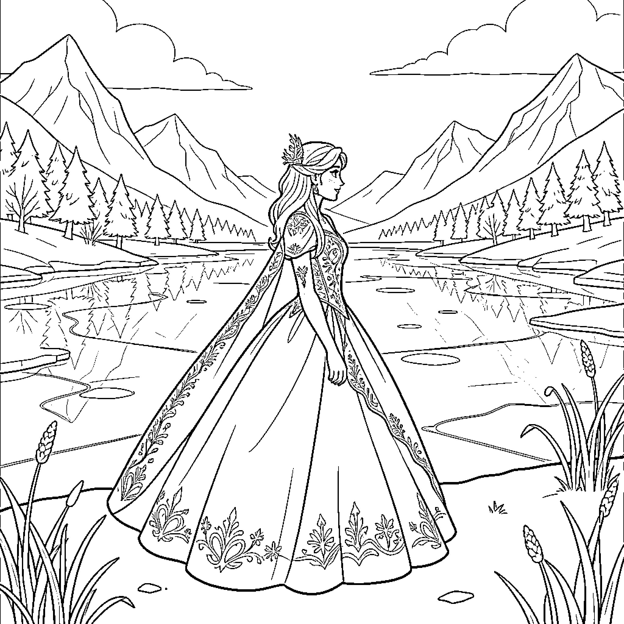 Queen in elegant gown standing by a lake Coloring Page (free black-and-white line drawing printable PDF for all, from beginners to advanced learners, including children, teens, adults, and seniors)
