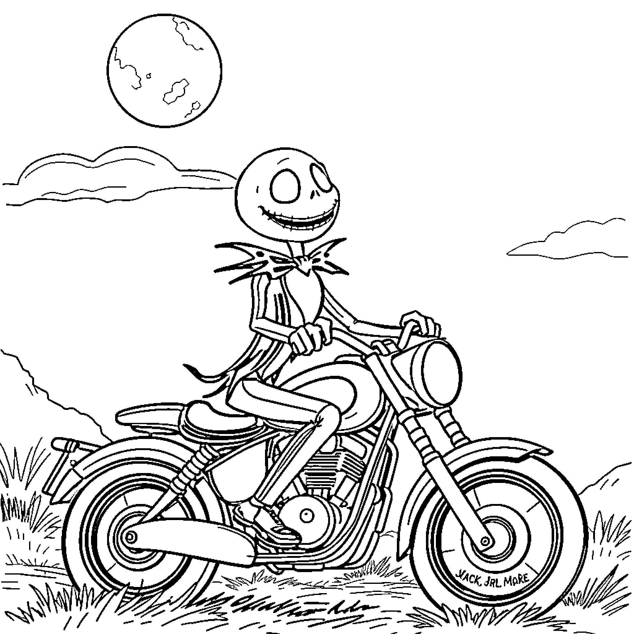 Jack Skellington riding a motorcycle in the night Coloring Page (free black-and-white line drawing printable PDF for all, from beginners to advanced learners, including children, teens, adults, and seniors)