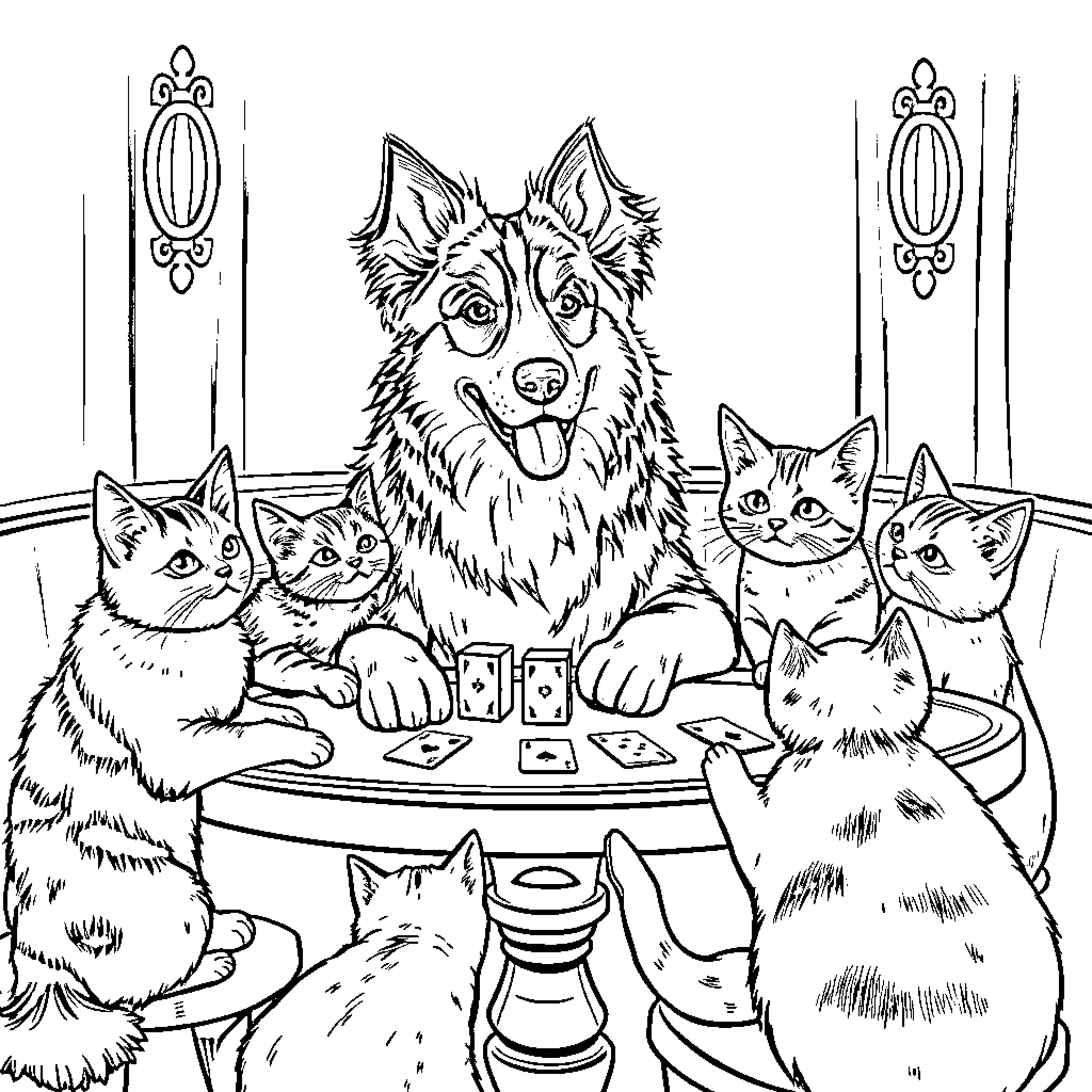 Australian Shepherd surrounded by curious kittens playing cards Coloring Page (free black-and-white line drawing printable PDF for all, from beginners to advanced learners, including children, teens, adults, and seniors)