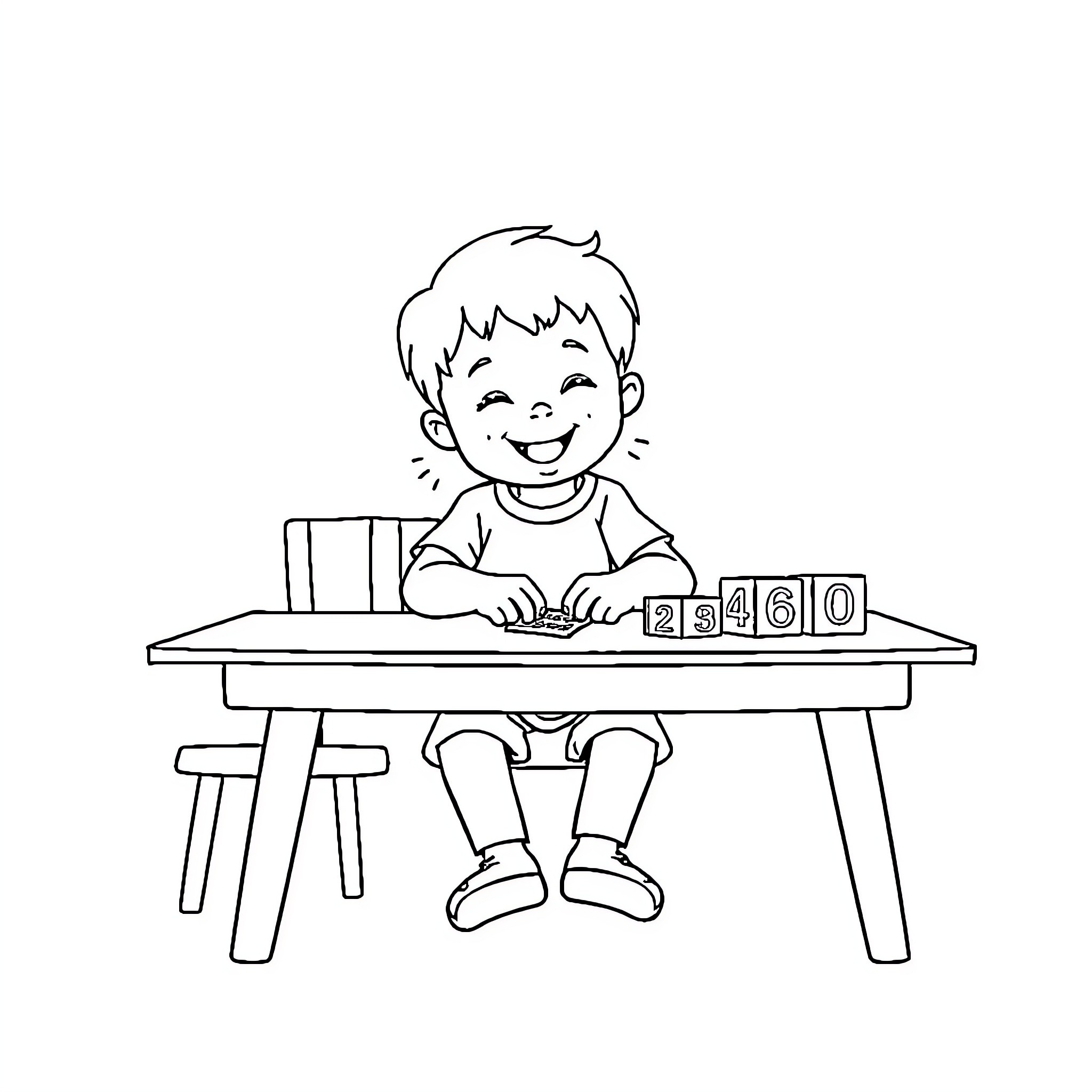 Number Boy Playing with Blocks on Desk Coloring Page (free black-and-white line drawing printable PDF for all, from beginners to advanced learners, including children, teens, adults, and seniors)