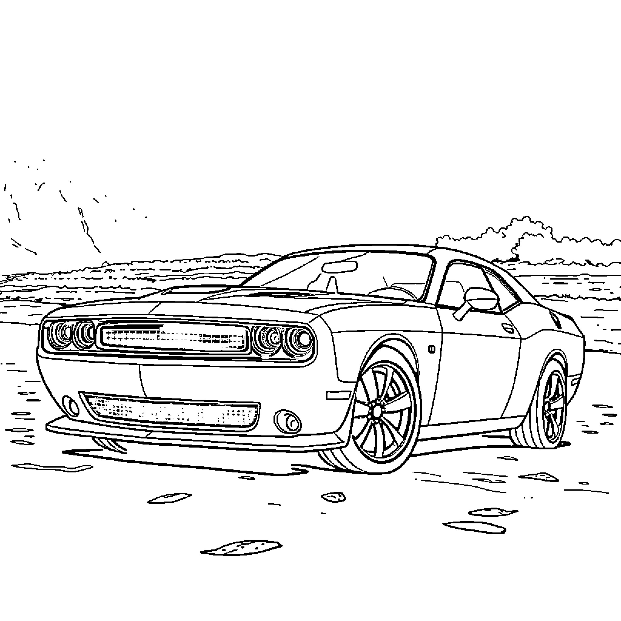 Car racing on the beach Coloring Page (free black-and-white line drawing printable PDF for all, from beginners to advanced learners, including children, teens, adults, and seniors)