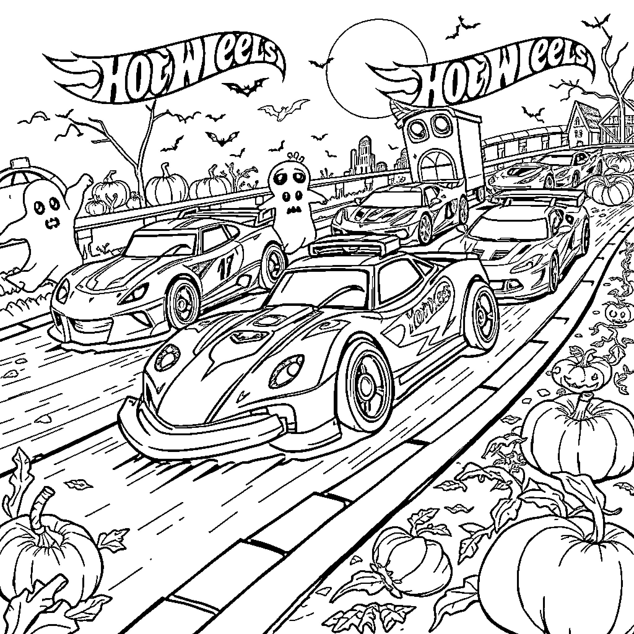 Hotwheels Spooky Halloween Race Track Adventure Coloring Page (free black-and-white line drawing printable PDF for all, from beginners to advanced learners, including children, teens, adults, and seniors)