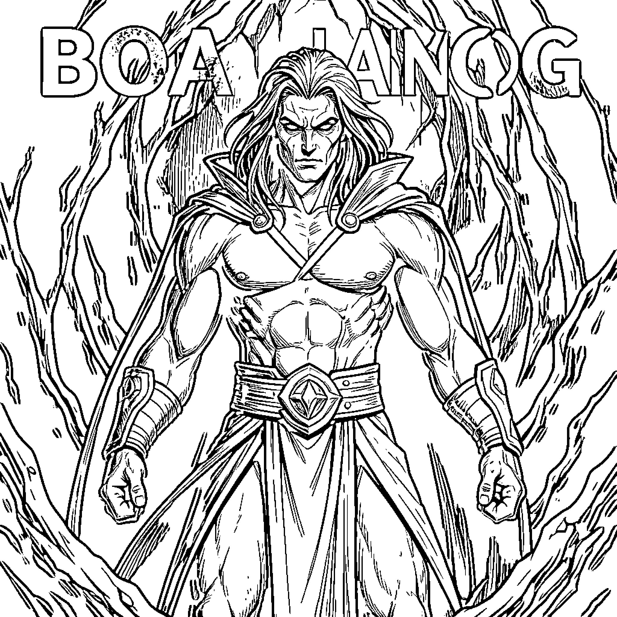 Boa Hancock standing powerfully amidst swirling energy Coloring Page (free black-and-white line drawing printable PDF for all, from beginners to advanced learners, including children, teens, adults, and seniors)