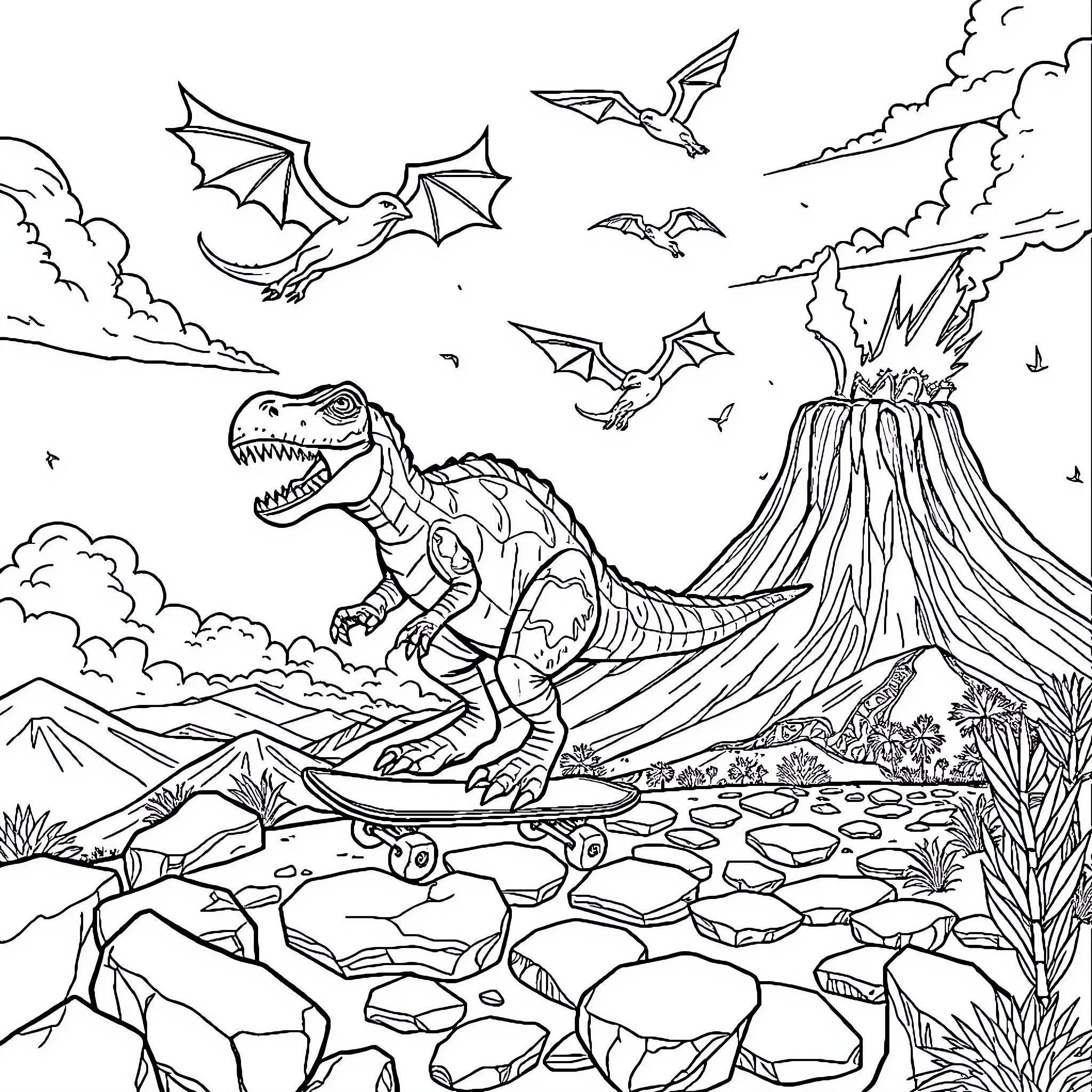 Dinosaur Roaming Prehistoric Landscape with Volcanic Activity Coloring Page (free black-and-white line drawing printable PDF for all, from beginners to advanced learners, including children, teens, adults, and seniors)