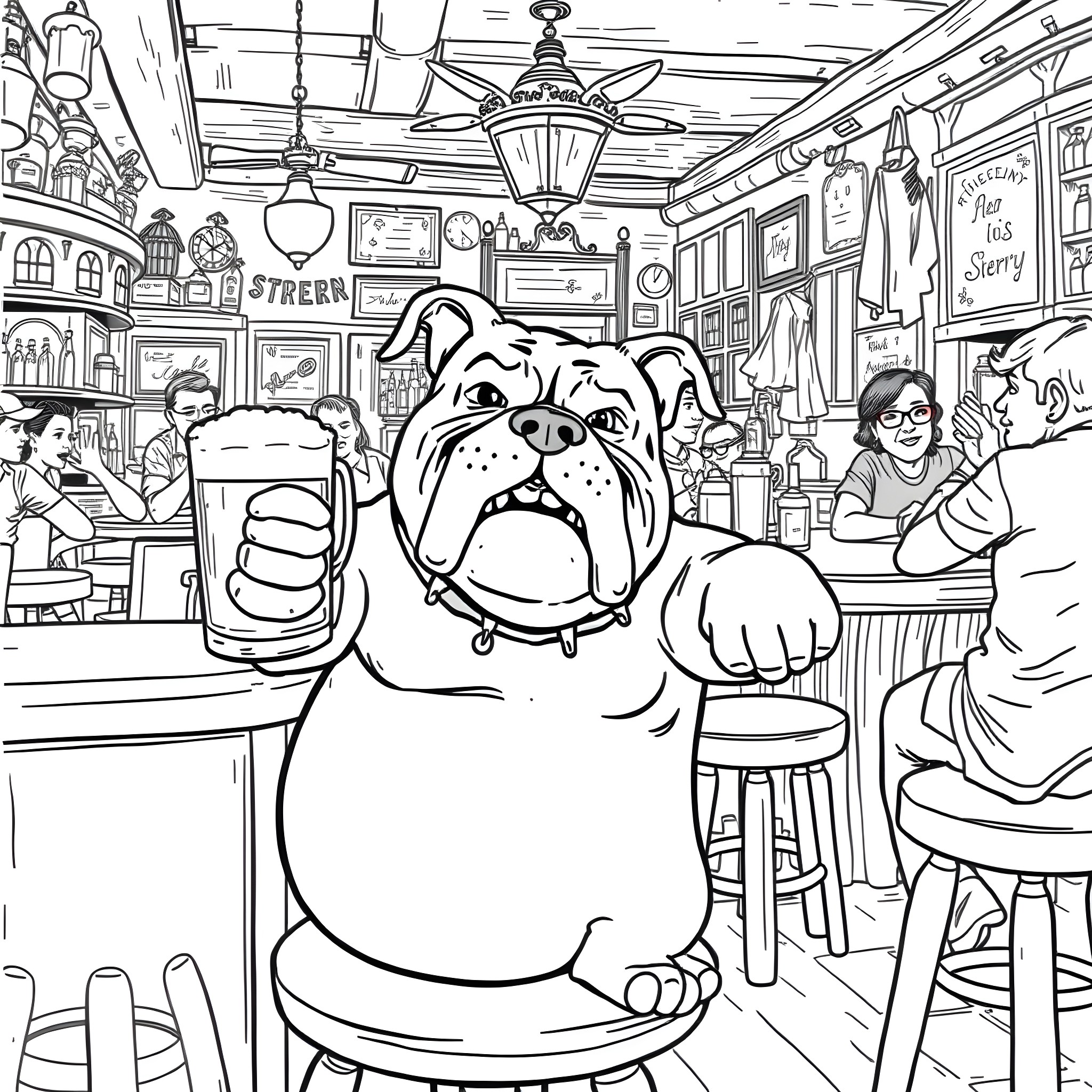 Bulldog relaxing in a cozy cafe Coloring Page (free black-and-white line drawing printable PDF for all, from beginners to advanced learners, including children, teens, adults, and seniors)