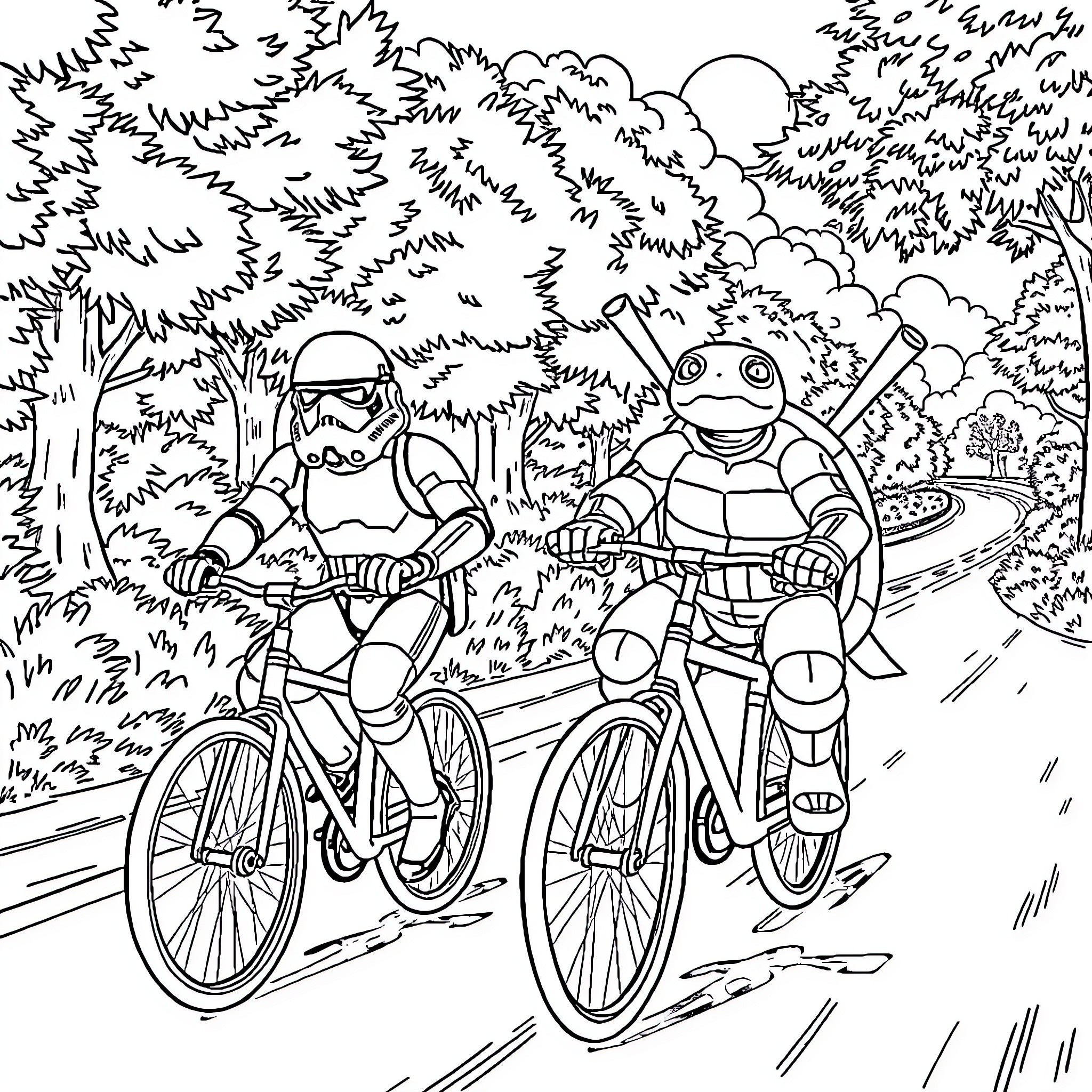 Stormtroopers riding bicycles through the forest Coloring Page (free black-and-white line drawing printable PDF for all, from beginners to advanced learners, including children, teens, adults, and seniors)