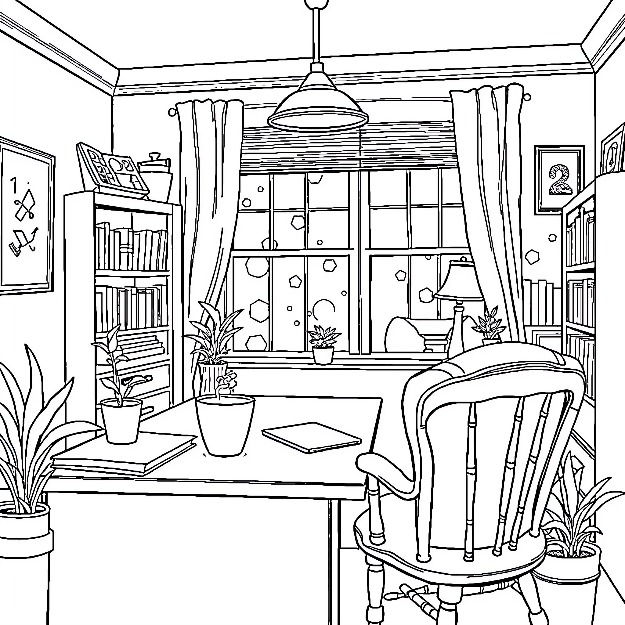 Gilmore Girls' Cozy Study Space with Bookshelves Coloring Page (free black-and-white line drawing printable PDF for all, from beginners to advanced learners, including children, teens, adults, and seniors)