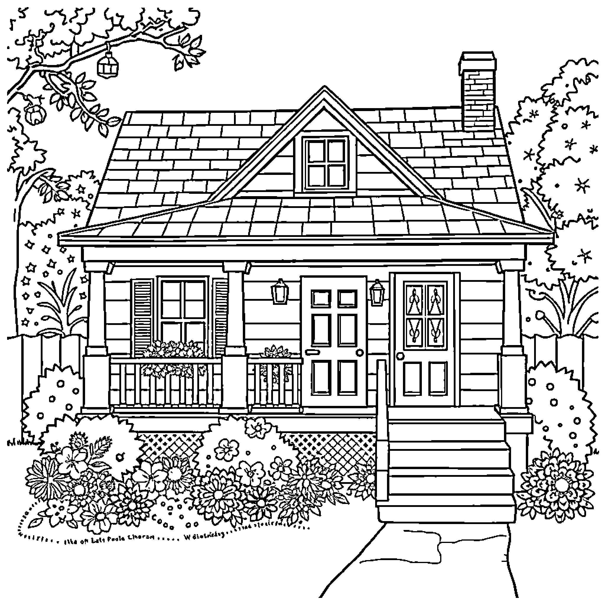 House with Charming Details and Floral Surroundings Coloring Page (free black-and-white line drawing printable PDF for all, from beginners to advanced learners, including children, teens, adults, and seniors)