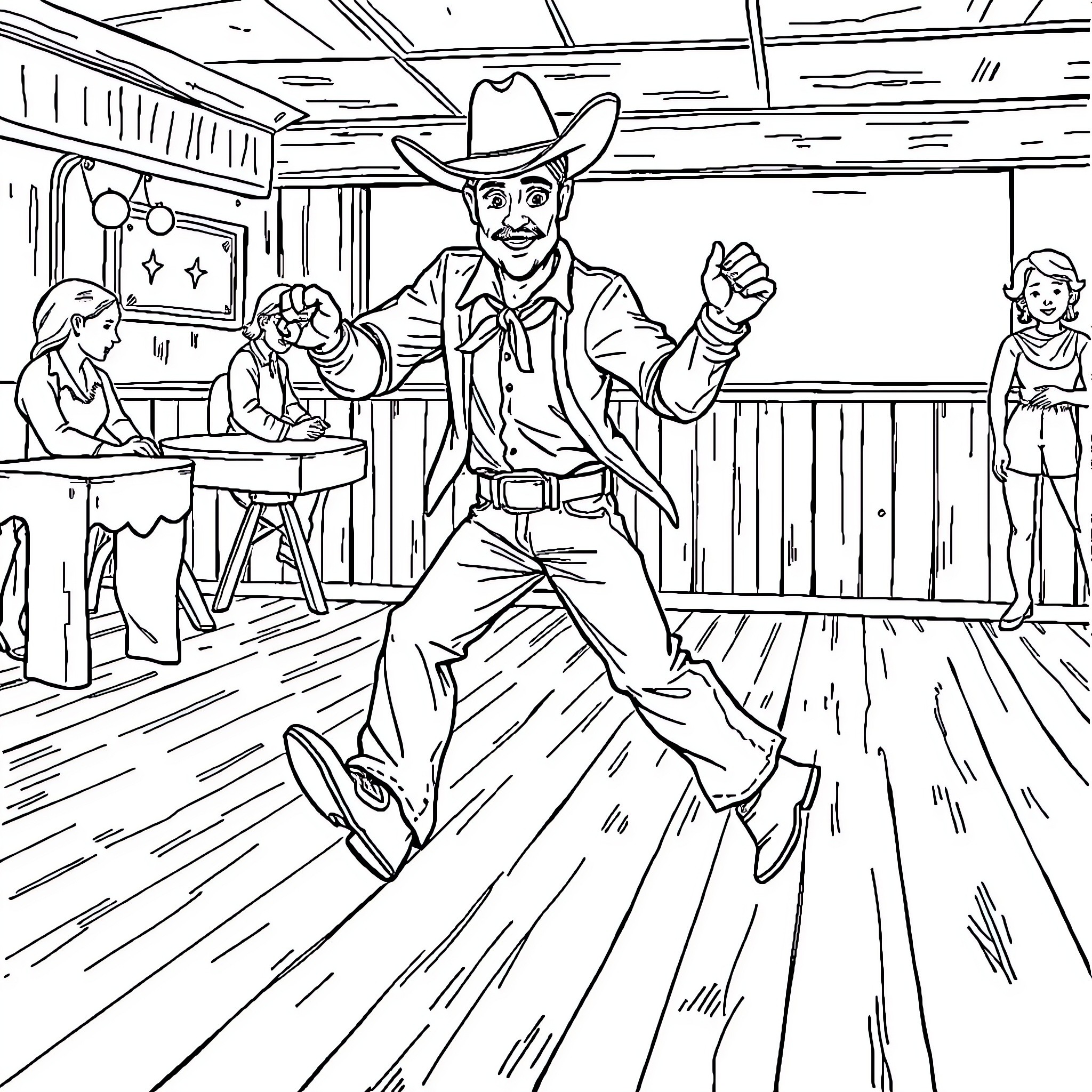 Cowboy enthusiastically dancing in the saloon Coloring Page (free black-and-white line drawing printable PDF for all, from beginners to advanced learners, including children, teens, adults, and seniors)