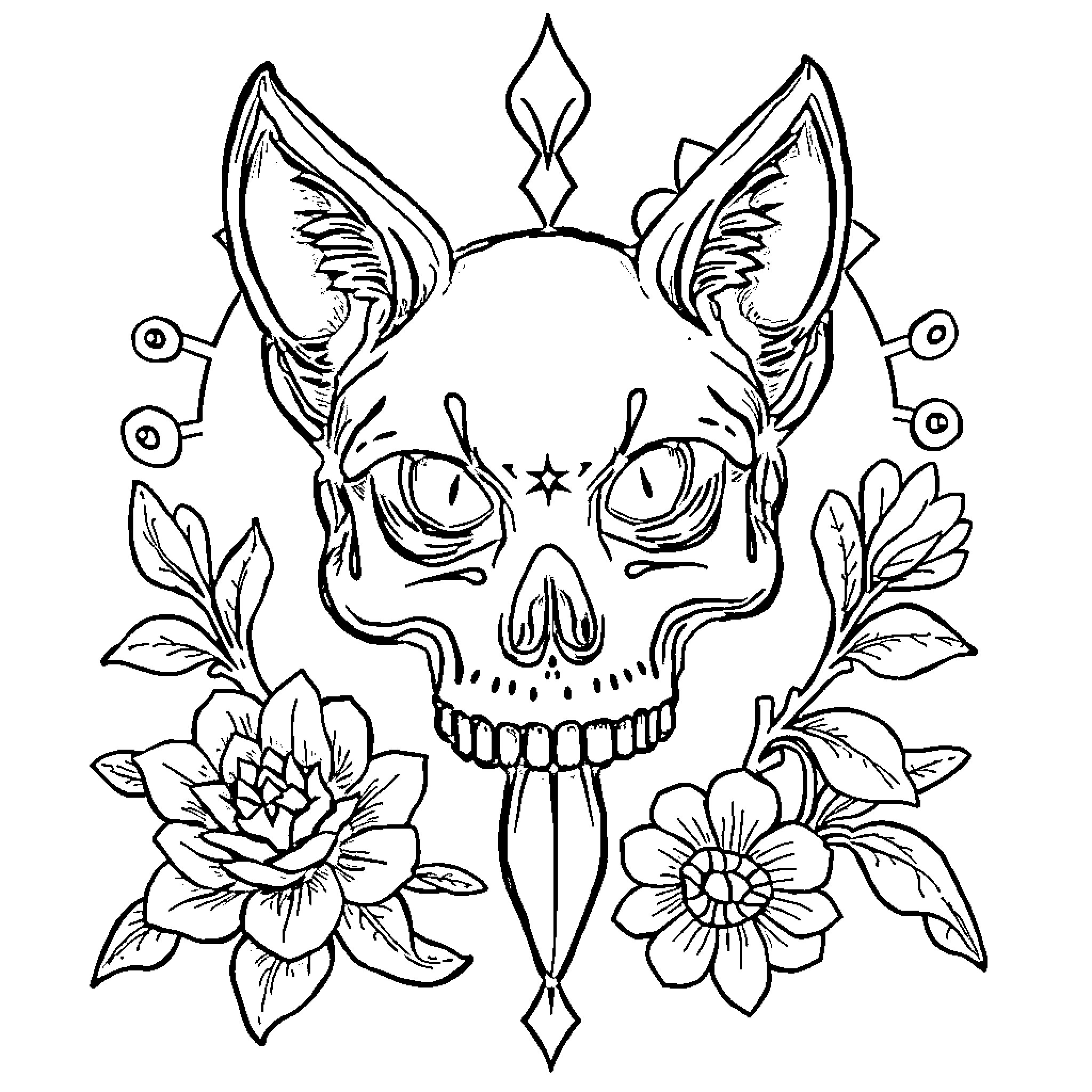 Tattoo with skull, flowers, and ornamental details Coloring Page (free black-and-white line drawing printable PDF for all, from beginners to advanced learners, including children, teens, adults, and seniors)
