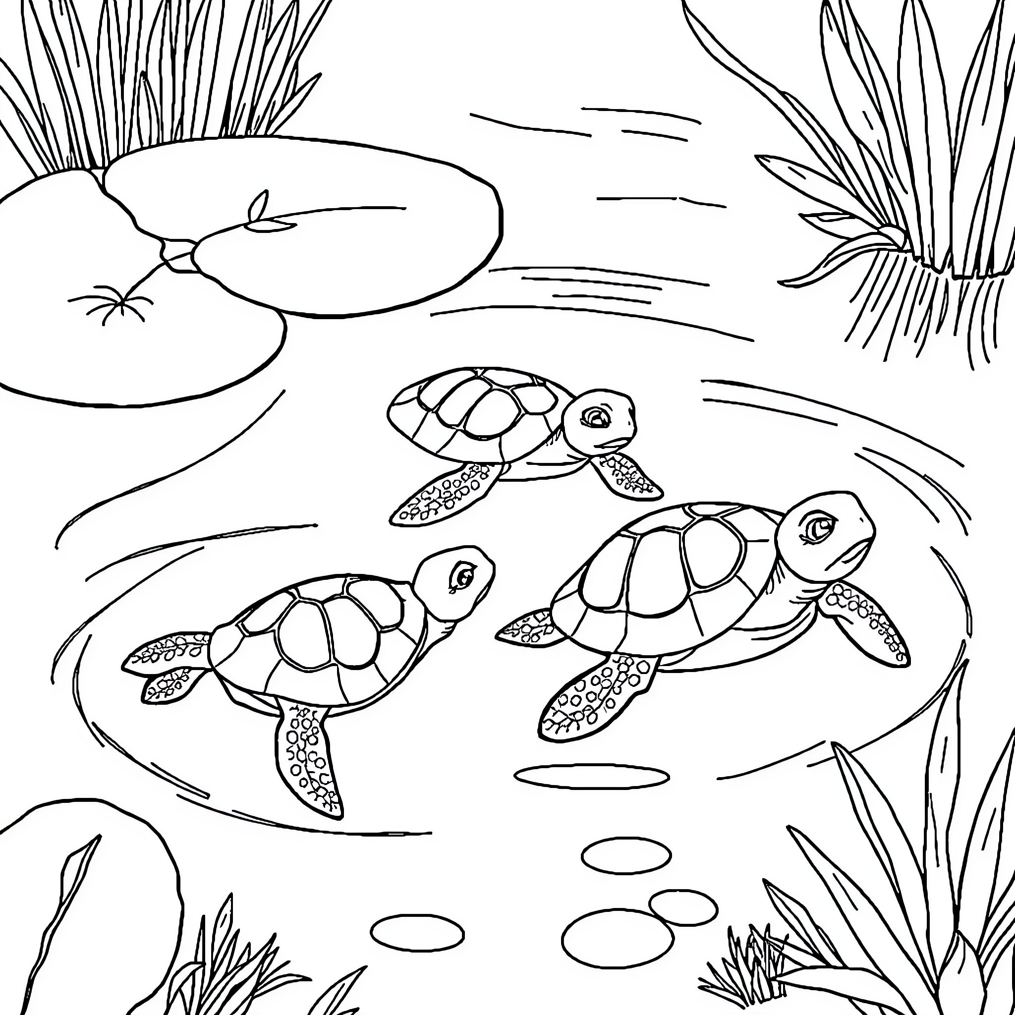 Turtle swimming playfully in the underwater scene Coloring Page (free black-and-white line drawing printable PDF for all, from beginners to advanced learners, including children, teens, adults, and seniors)