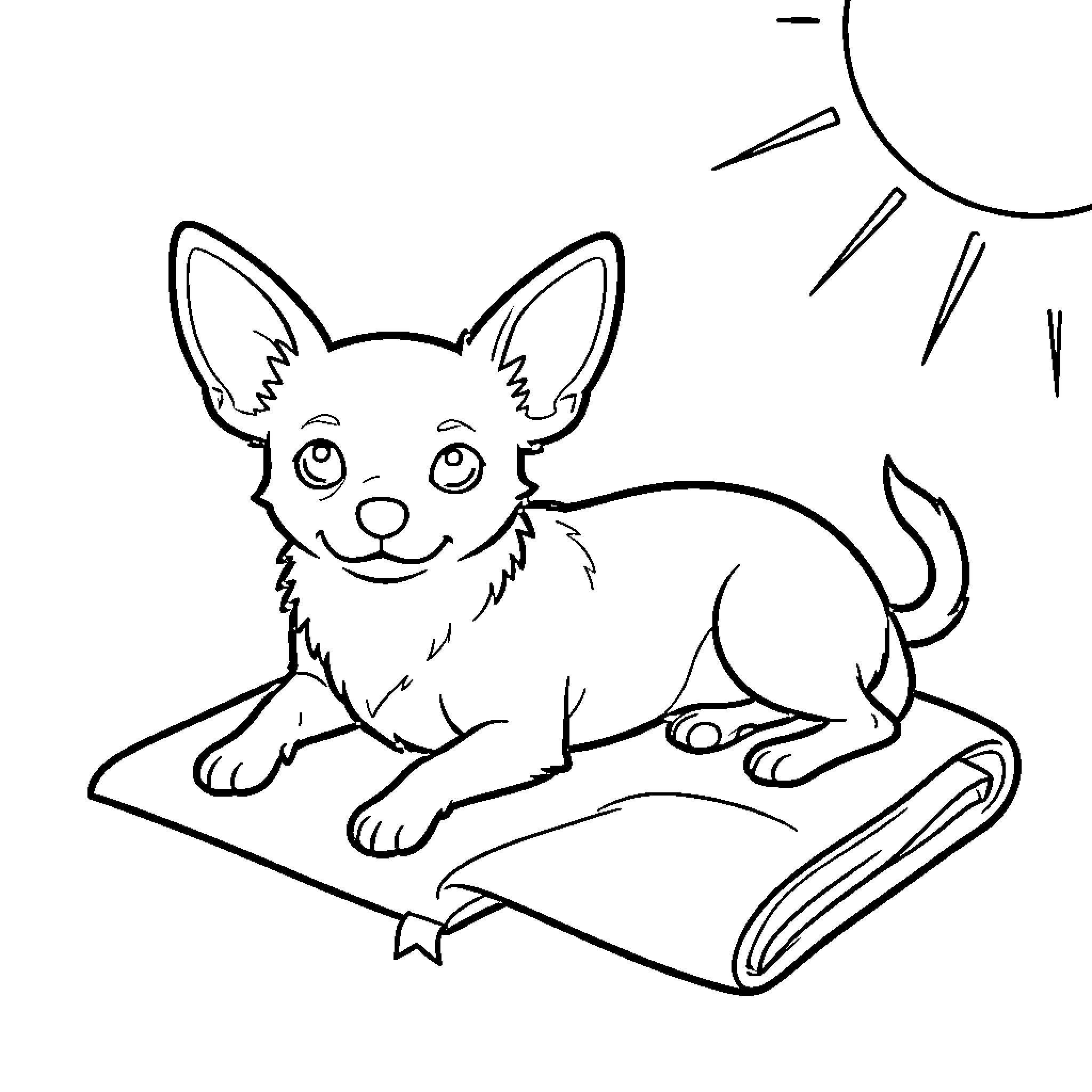 Chihuahua relaxing on a mat under the sun Coloring Page (free black-and-white line drawing printable PDF for all, from beginners to advanced learners, including children, teens, adults, and seniors)