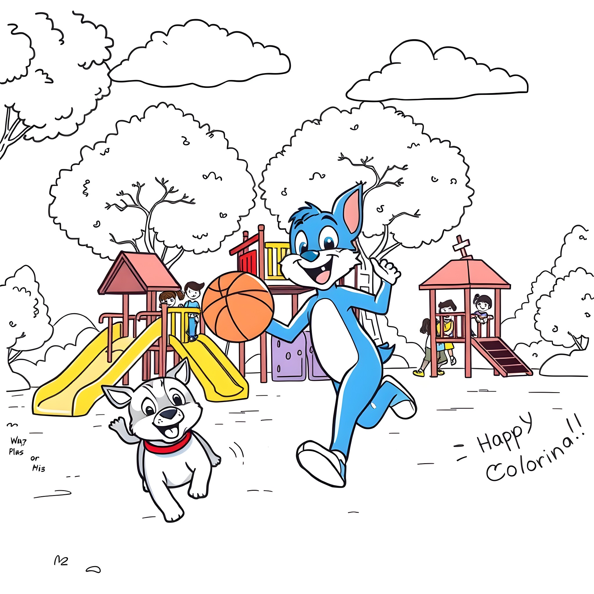 Bluey and friends playing happily at the playground Coloring Page (free black-and-white line drawing printable PDF for all, from beginners to advanced learners, including children, teens, adults, and seniors)
