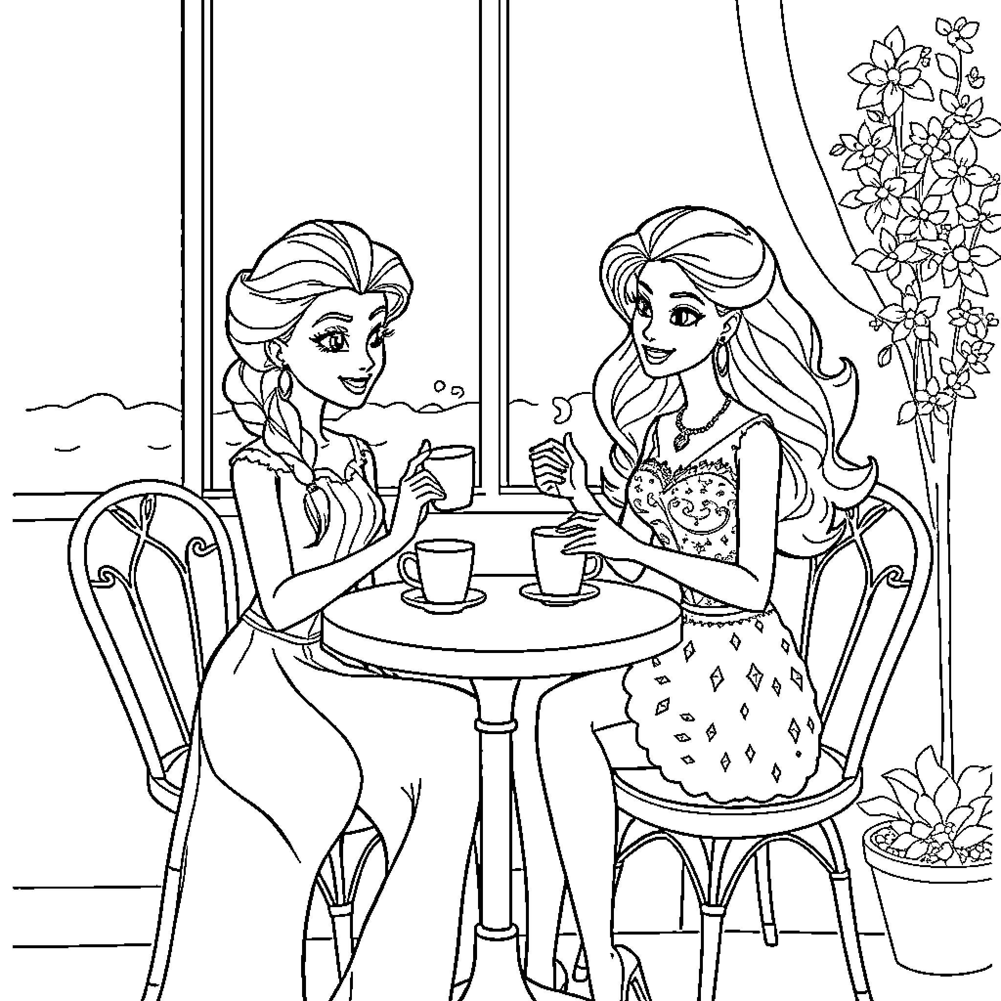 Elsa and Rapunzel enjoying tea and conversation Coloring Page (free black-and-white line drawing printable PDF for all, from beginners to advanced learners, including children, teens, adults, and seniors)