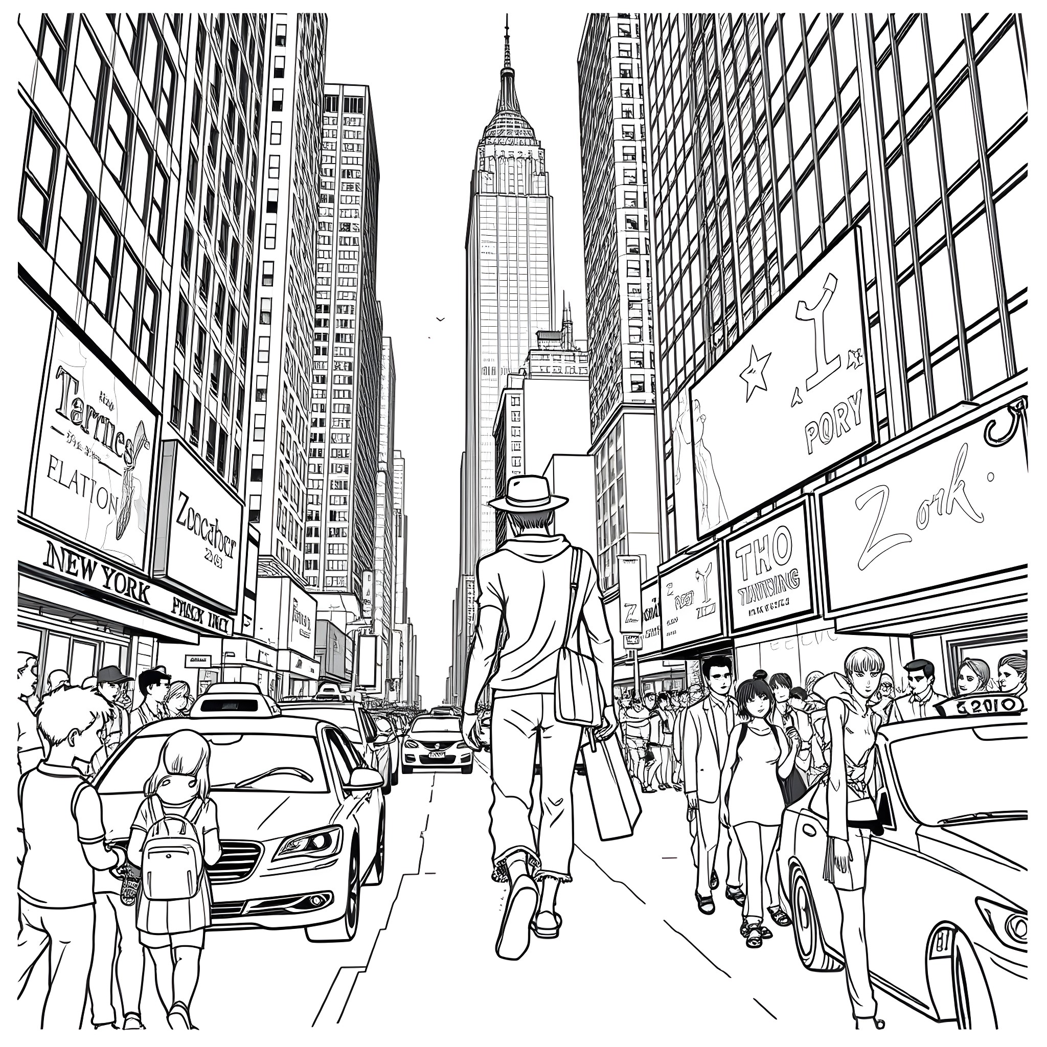 Zoro's Adventure in the Bustling New York City Coloring Page (free black-and-white line drawing printable PDF for all, from beginners to advanced learners, including children, teens, adults, and seniors)