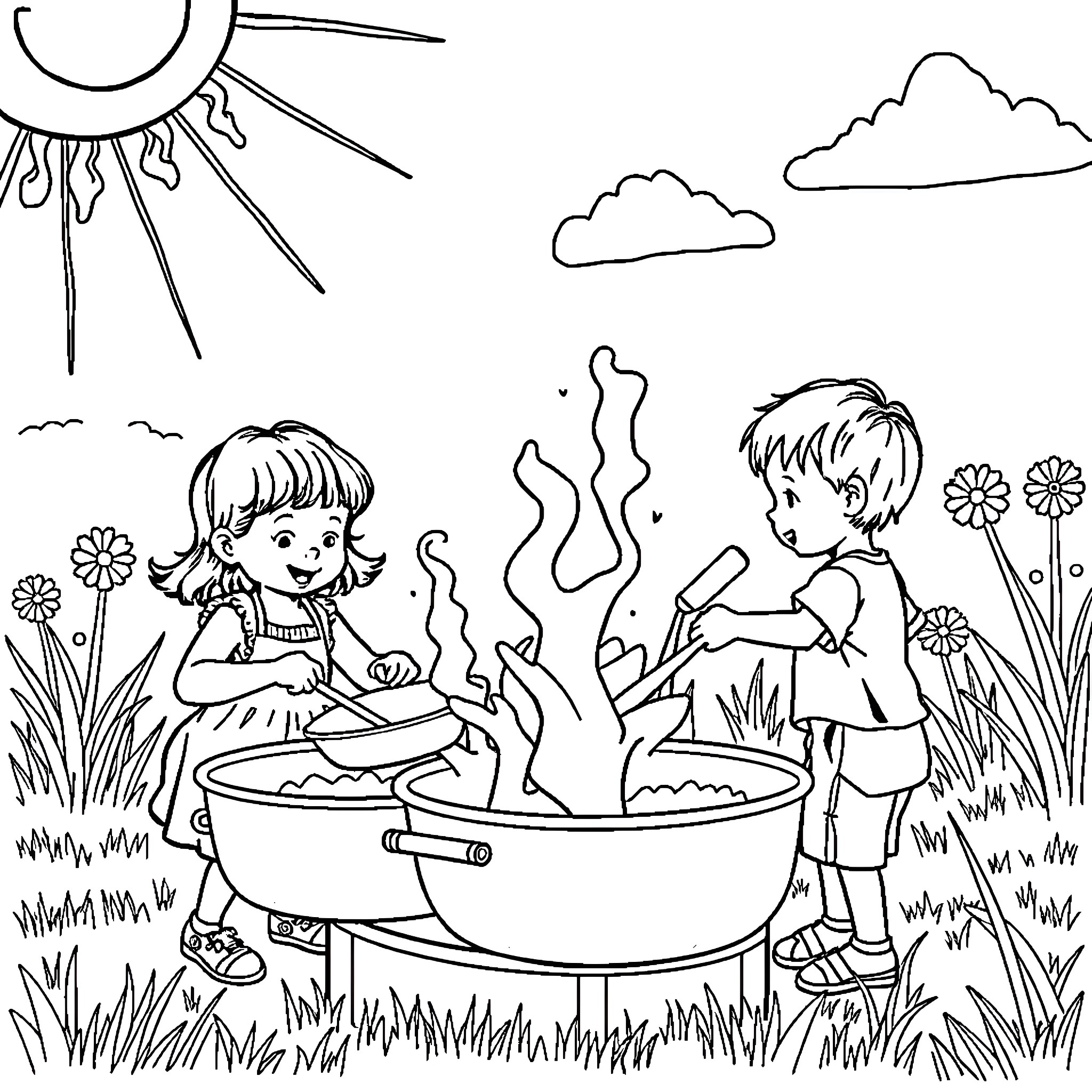 Child playing with hot water in the park Coloring Page (free black-and-white line drawing printable PDF for all, from beginners to advanced learners, including children, teens, adults, and seniors)